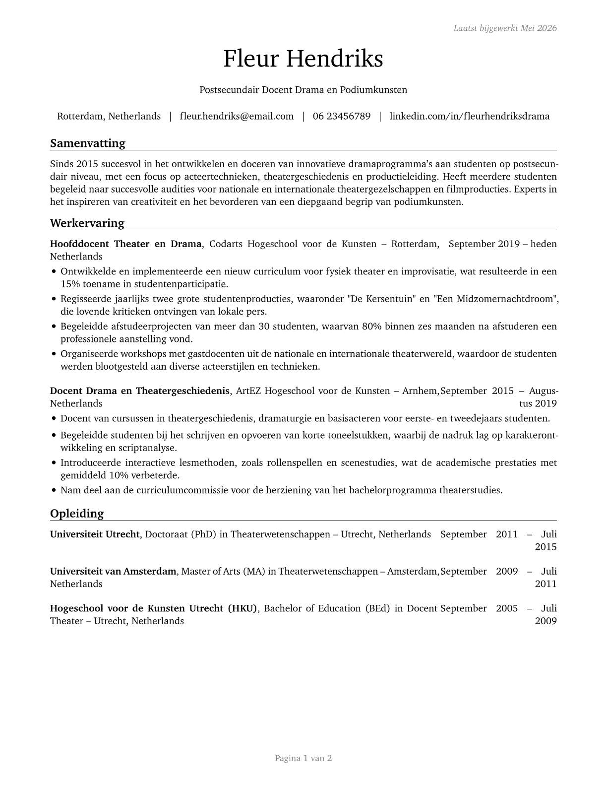 Art, Drama, and Music Teachers, Postsecondary CV in Dutch — page 1