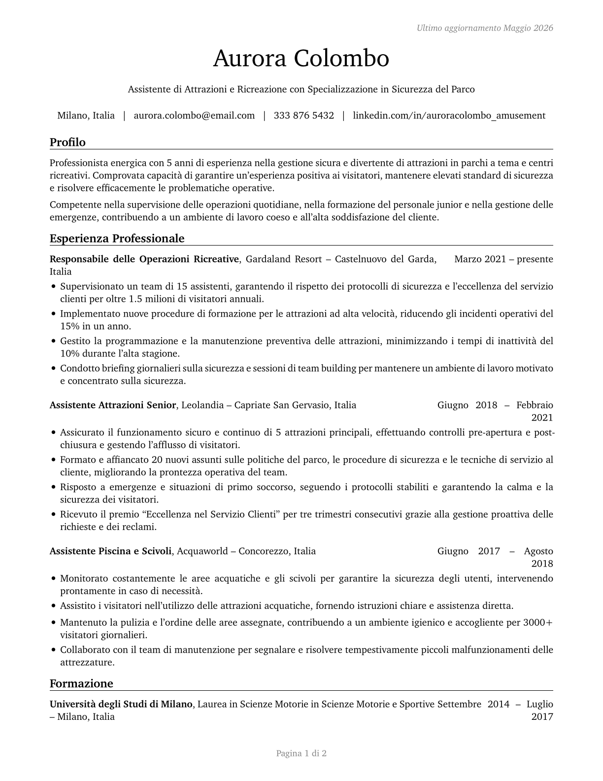 Amusement and Recreation Attendants CV in Italian — page 1