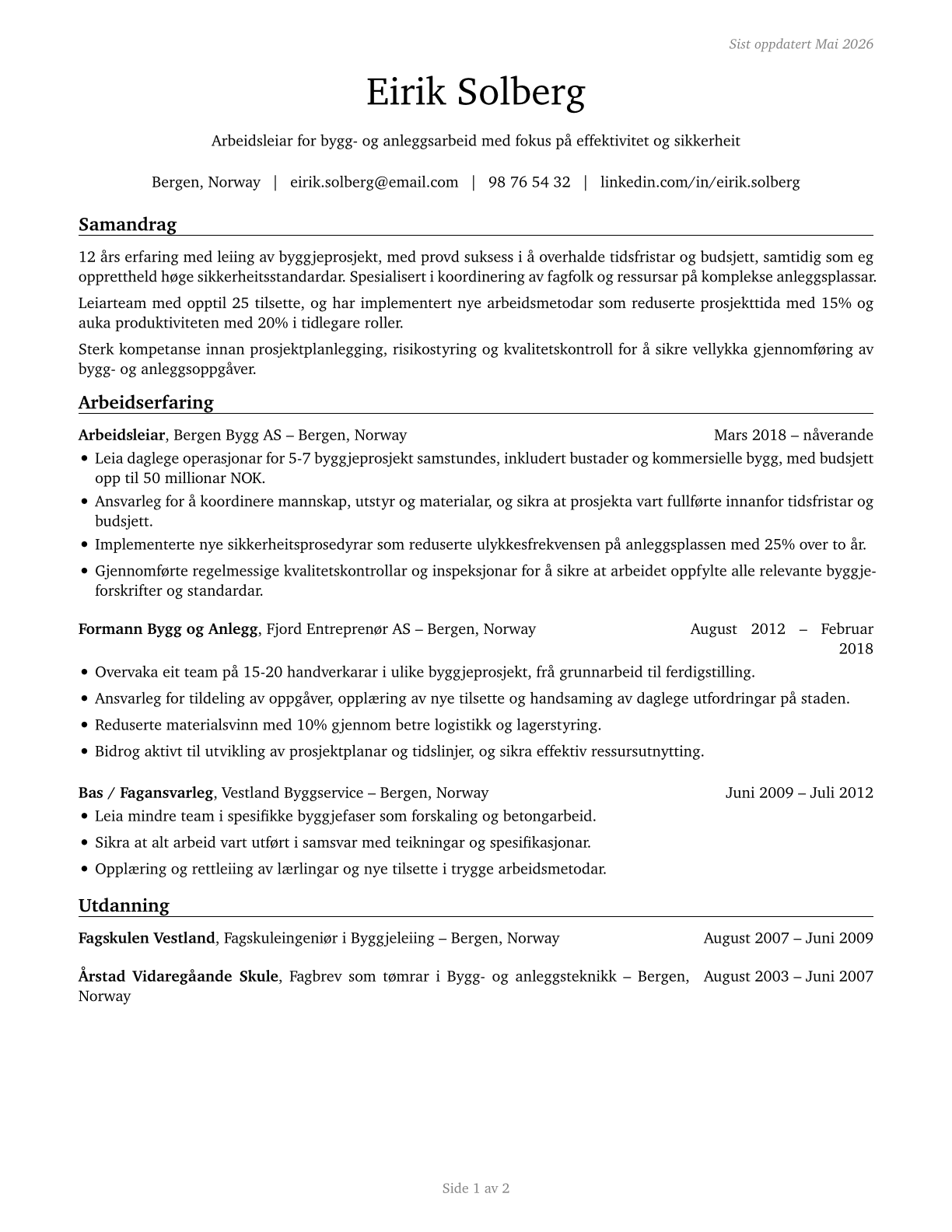First-Line Supervisors of Construction Trades and Extraction Workers CV in Norwegian_nynorsk — page 1