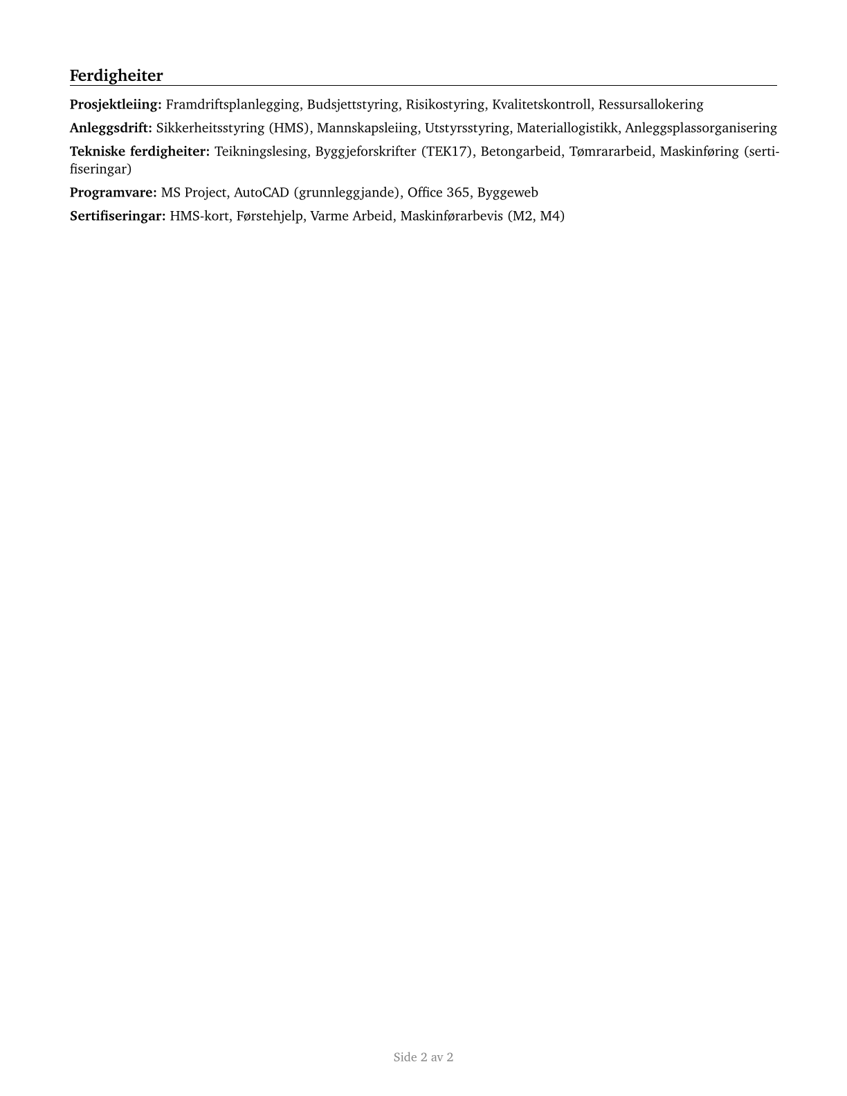 First-Line Supervisors of Construction Trades and Extraction Workers CV in Norwegian_nynorsk — page 2