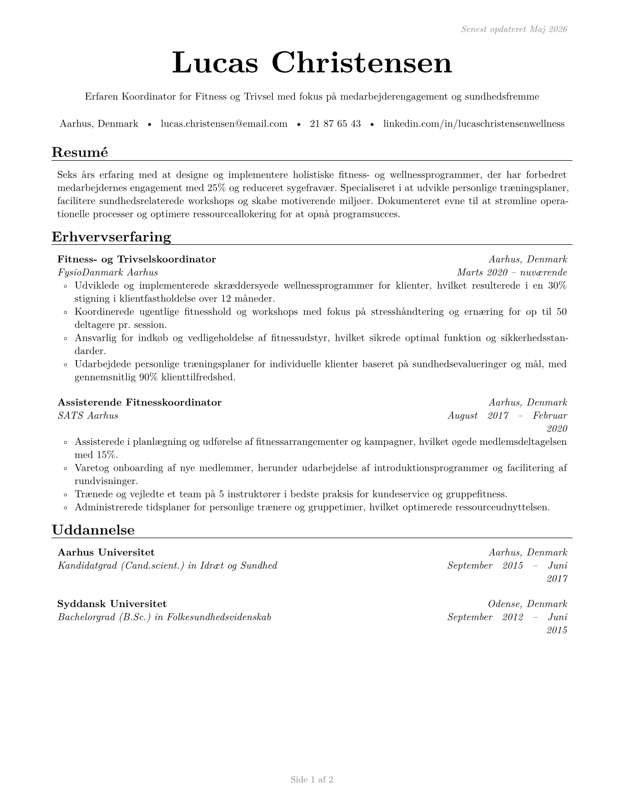 Fitness and Wellness Coordinators CV in Danish — page 1