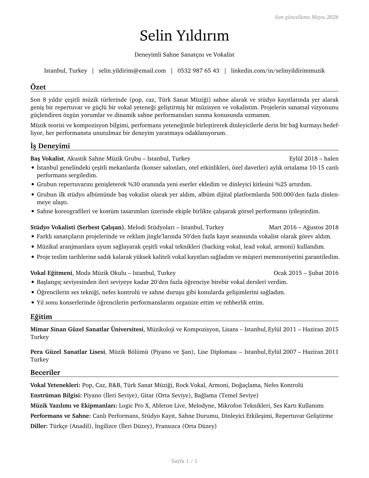 Musicians and Singers CV in Turkish — page 1