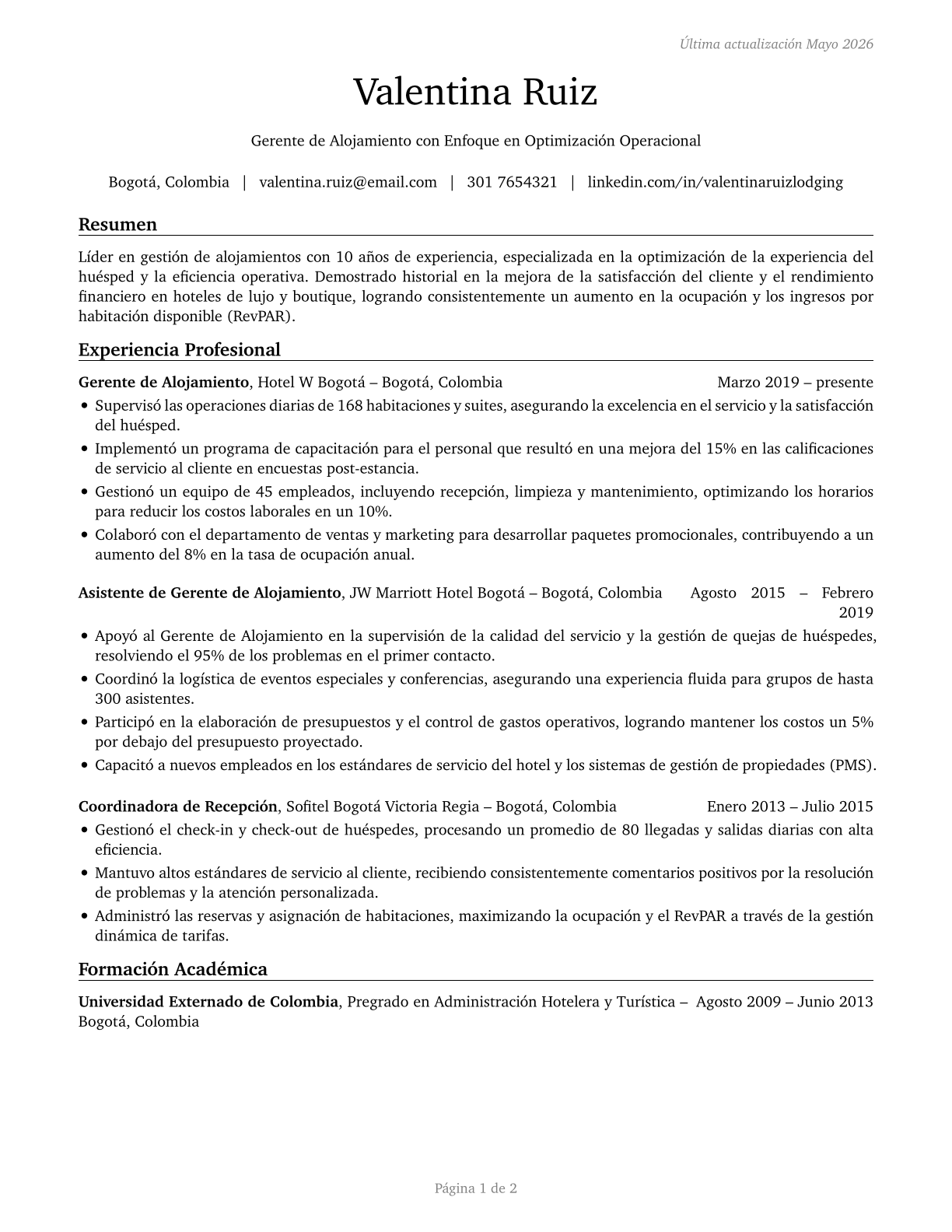 Lodging Managers CV in Spanish — page 1