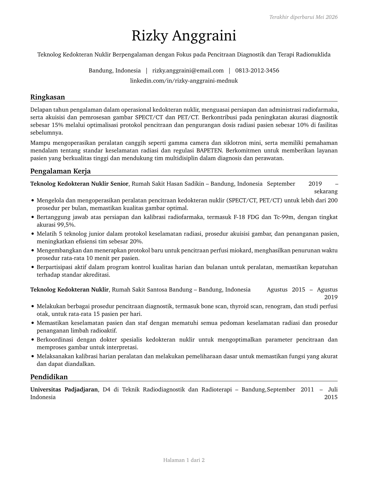 Nuclear Medicine Technologists CV in Indonesian — page 1