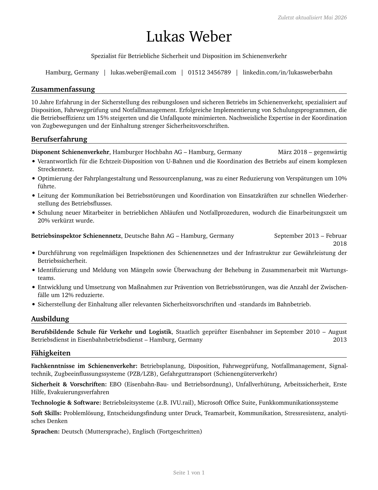 Rail Transportation Workers, All Other CV in German — page 1