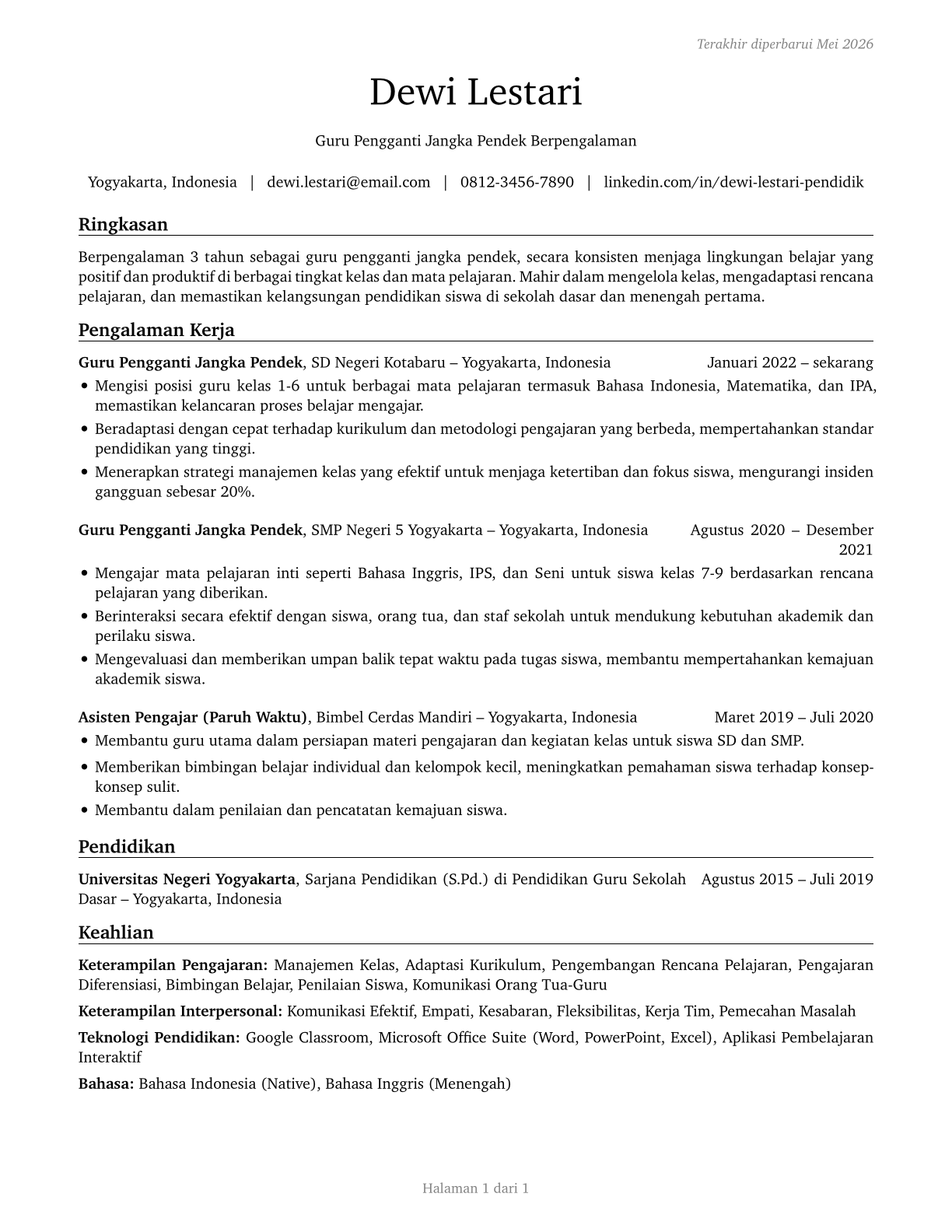 Substitute Teachers, Short-Term CV in Indonesian — page 1