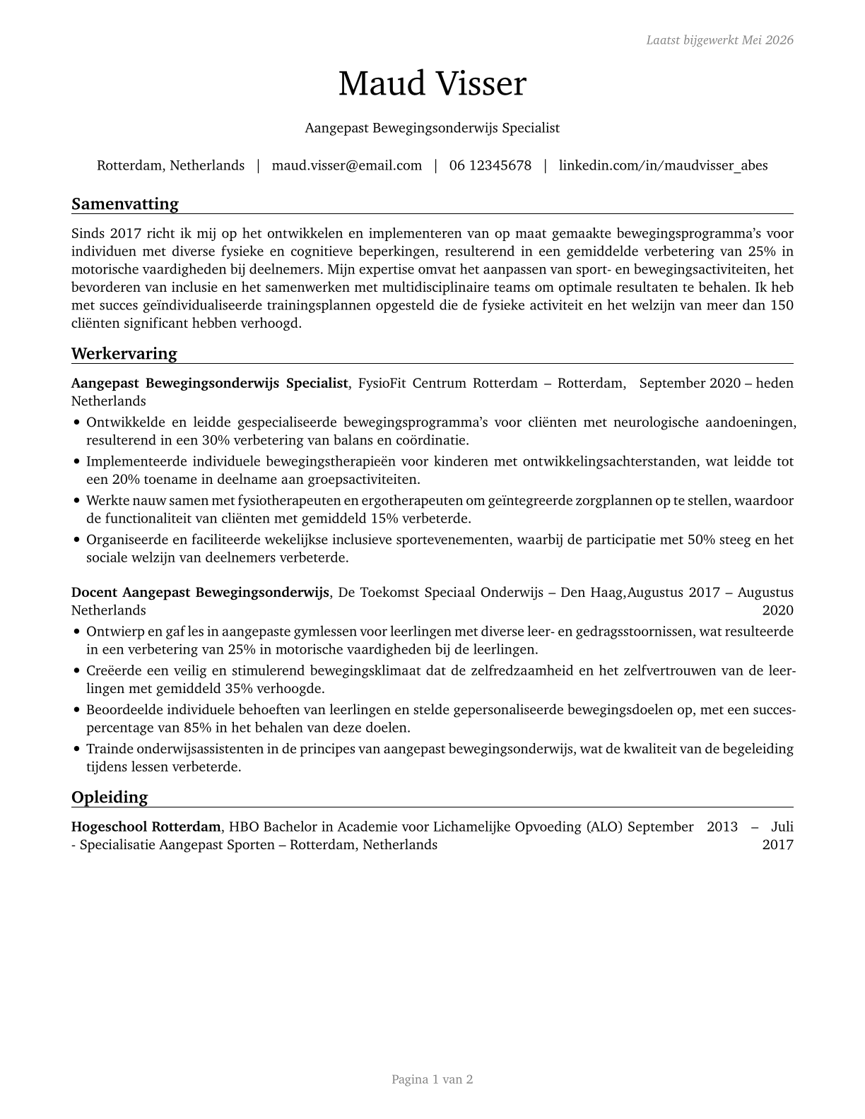 Adapted Physical Education Specialists CV in Dutch — page 1