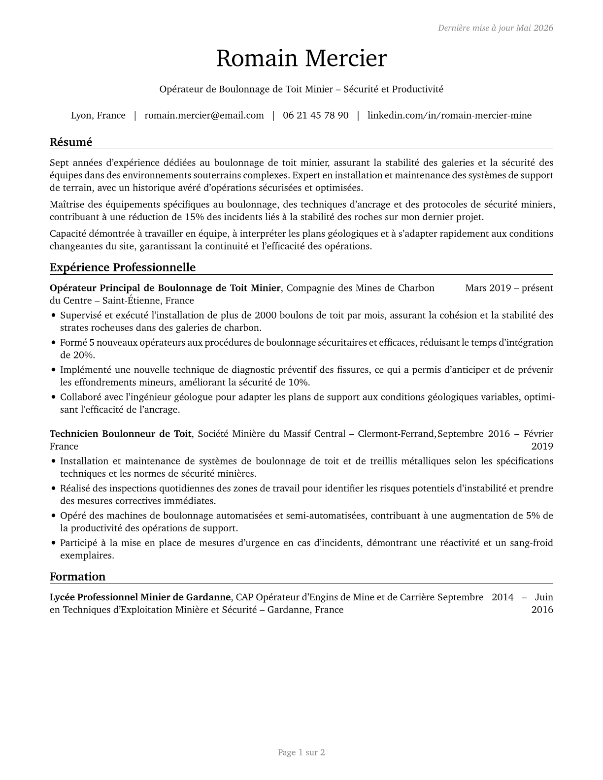 Roof Bolters, Mining CV in French — page 1