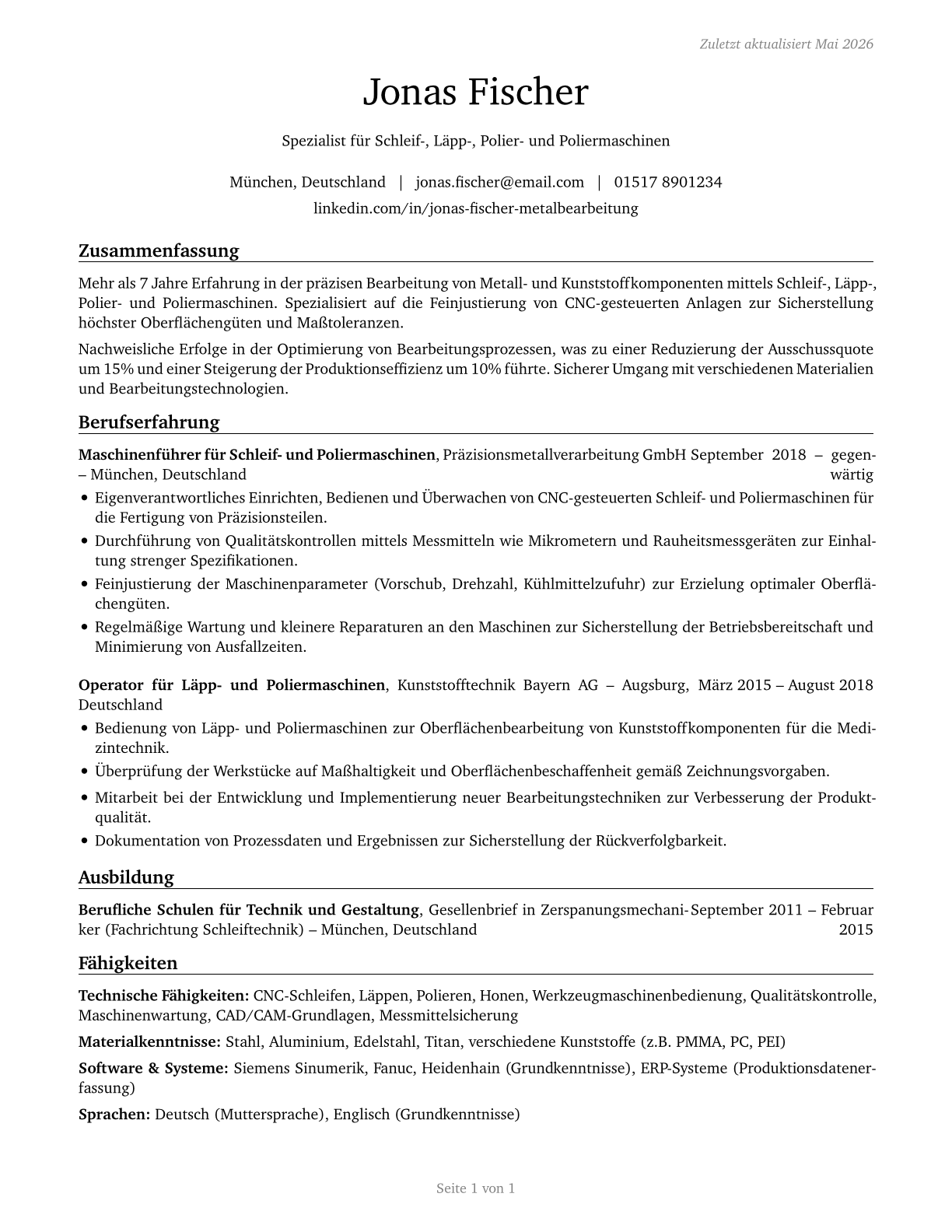 Grinding, Lapping, Polishing, and Buffing Machine Tool Setters, Operators, and Tenders, Metal and Plastic CV in German — page 1