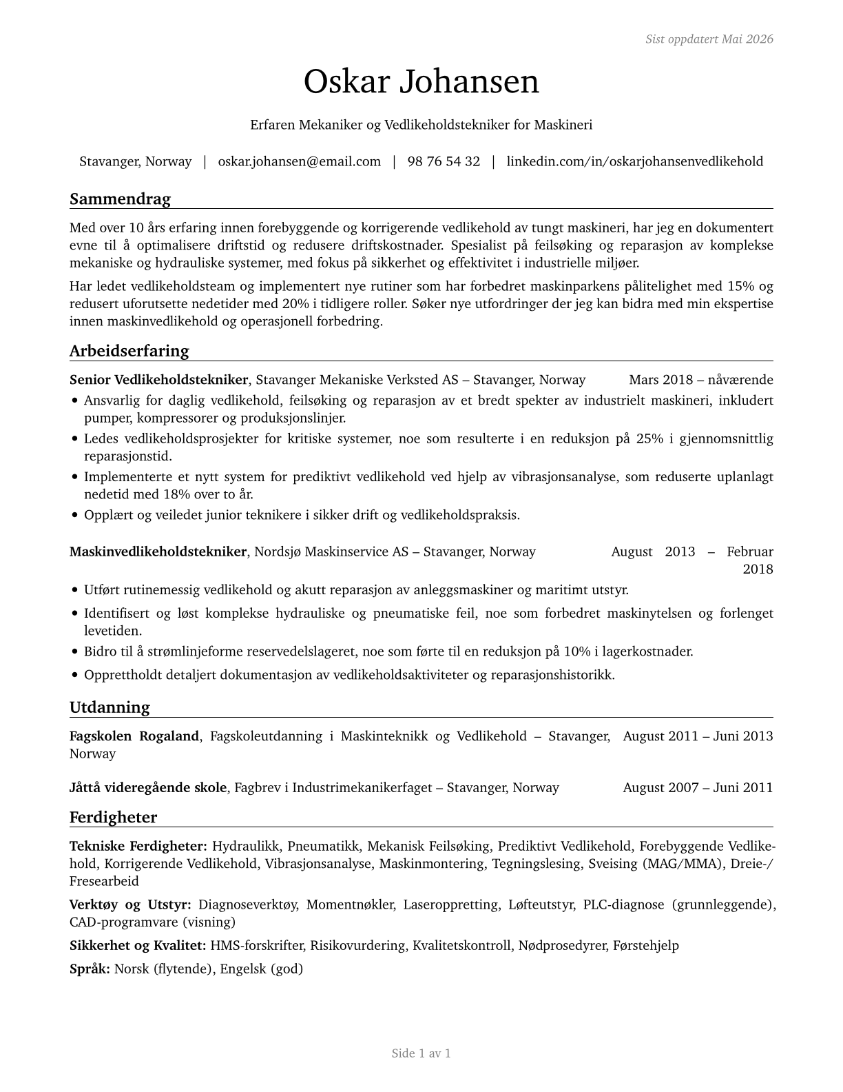 Maintenance Workers, Machinery CV in Norwegian_bokmal — page 1