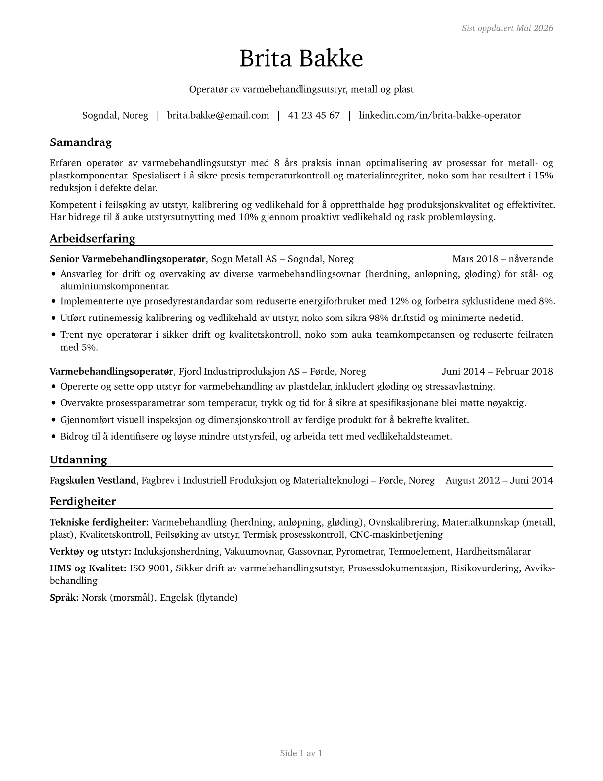 Heat Treating Equipment Setters, Operators, and Tenders, Metal and Plastic CV in Norwegian_nynorsk — page 1