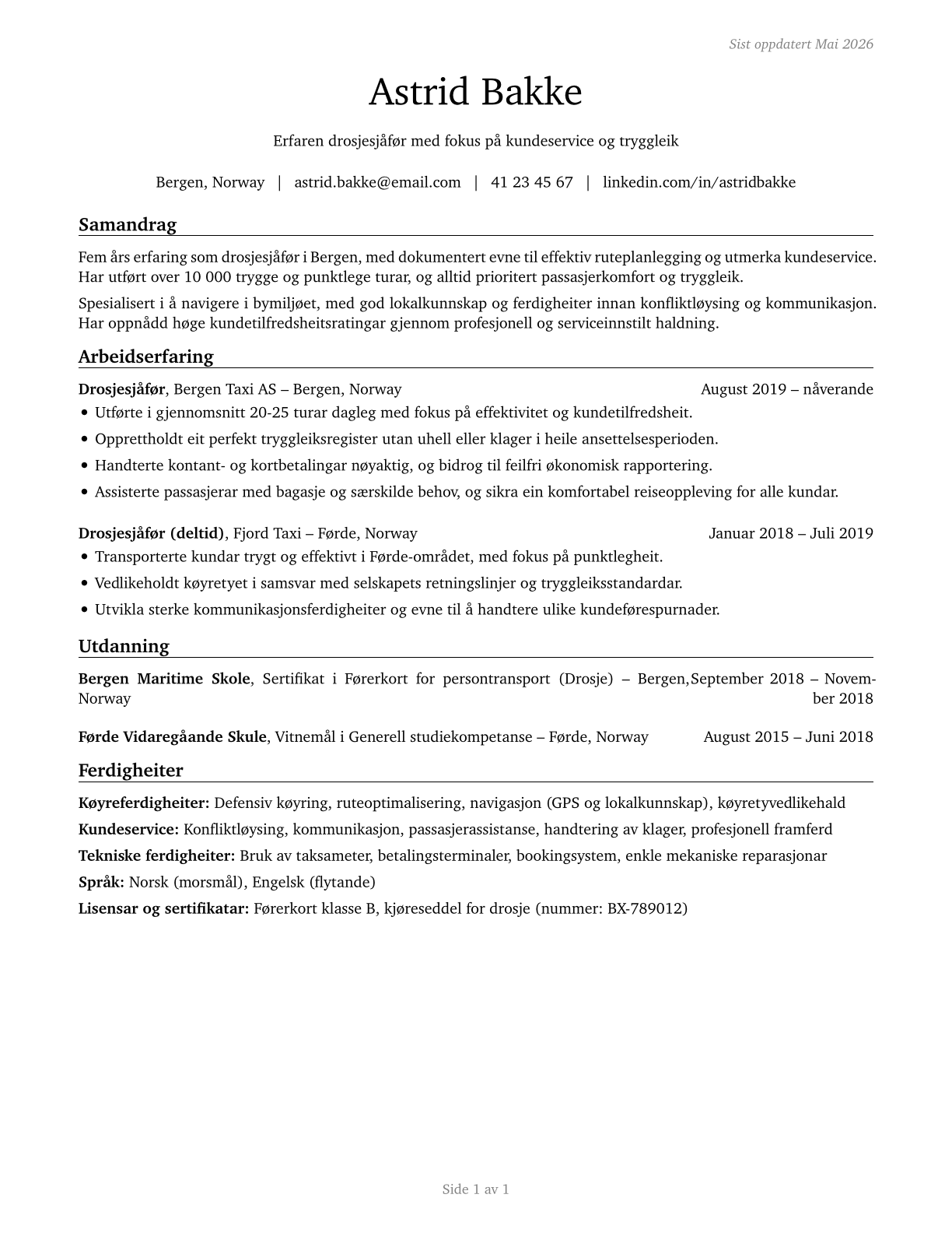 Taxi Drivers CV in Norwegian_nynorsk — page 1