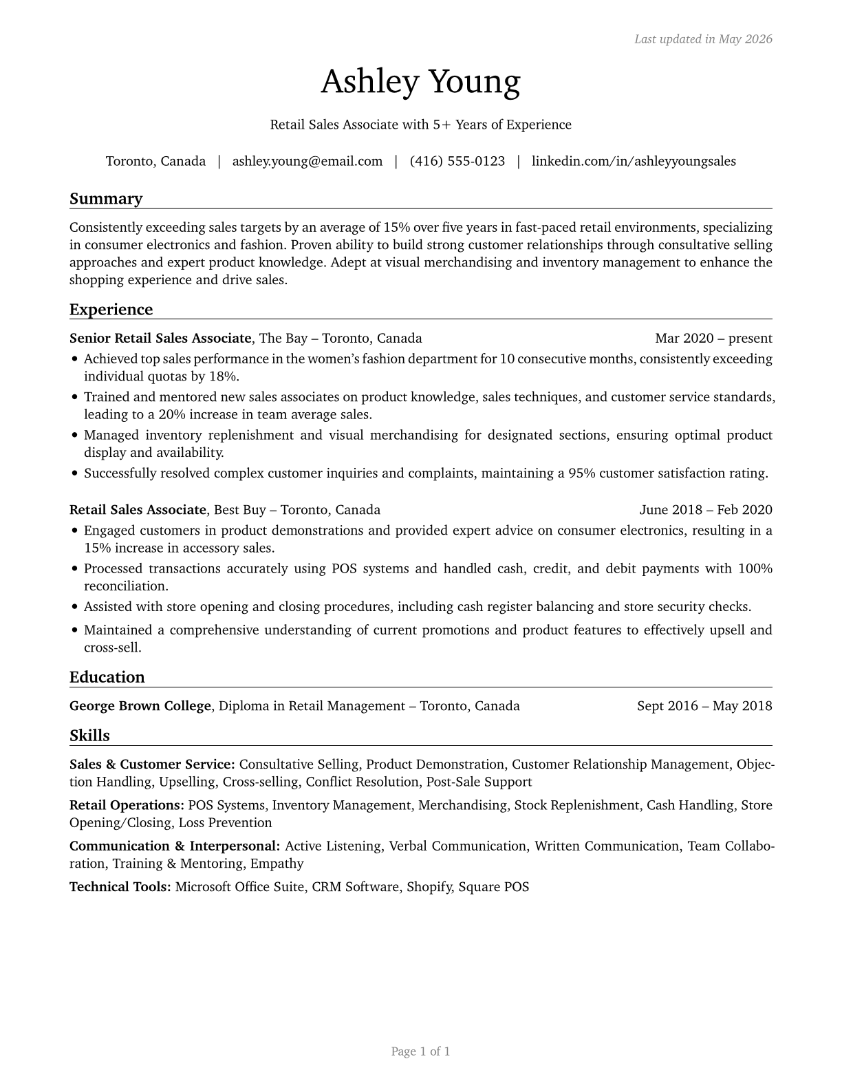 Retail Salespersons CV in English — page 1