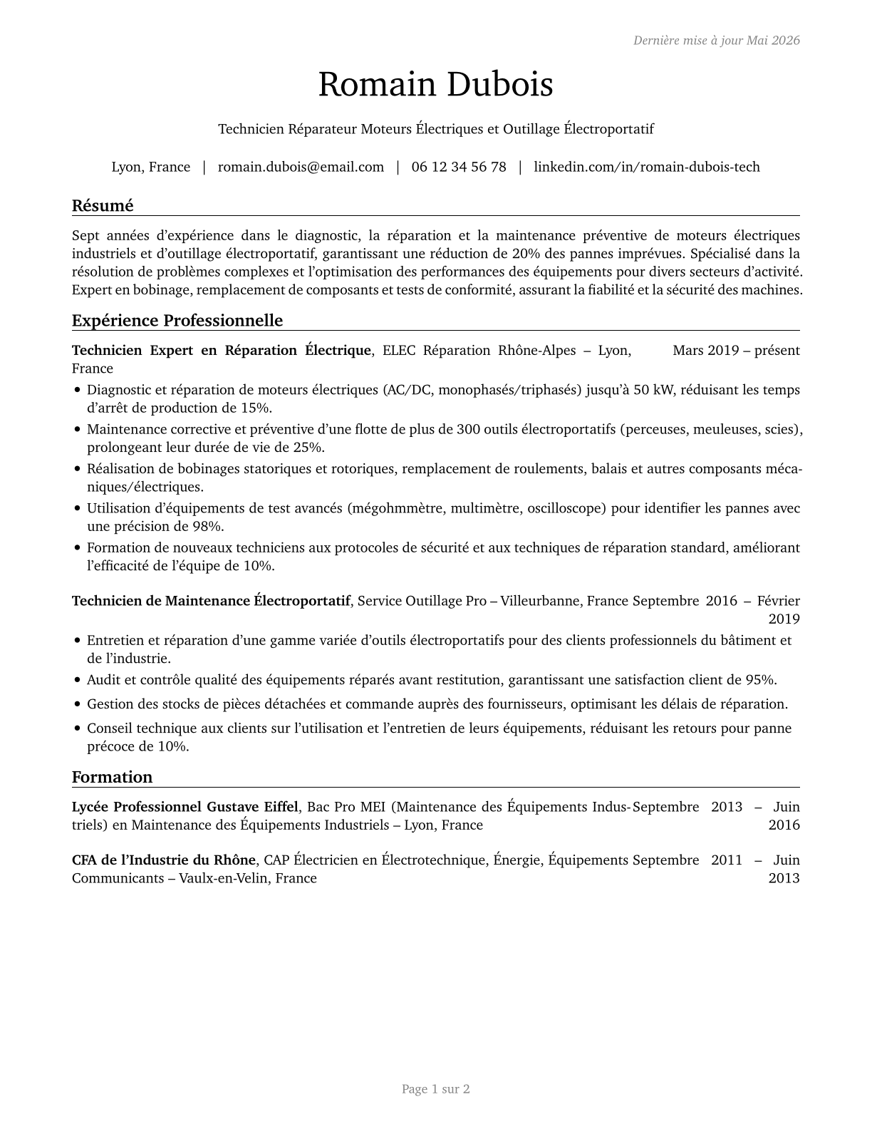 Electric Motor, Power Tool, and Related Repairers CV in French — page 1