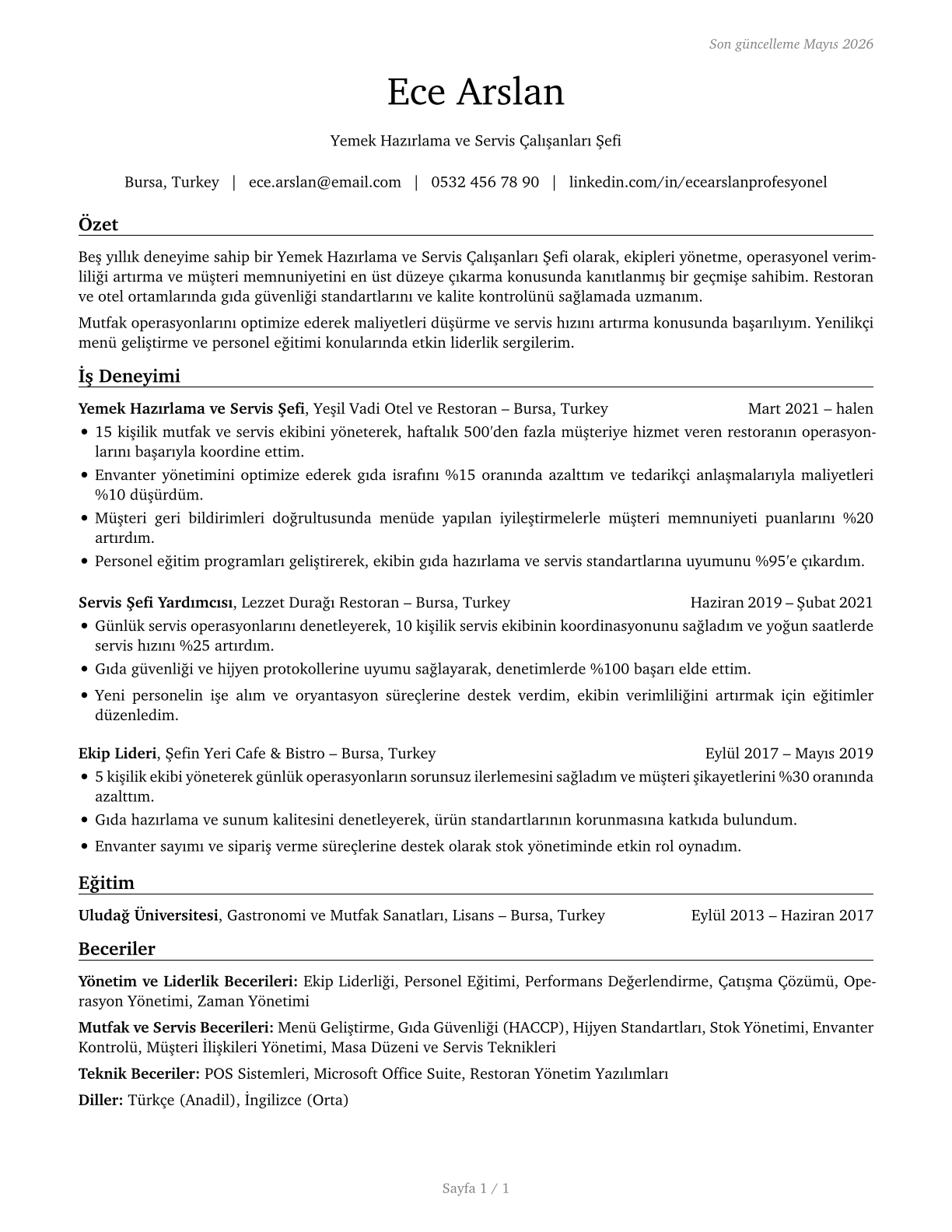 First-Line Supervisors of Food Preparation and Serving Workers CV in Turkish — page 1