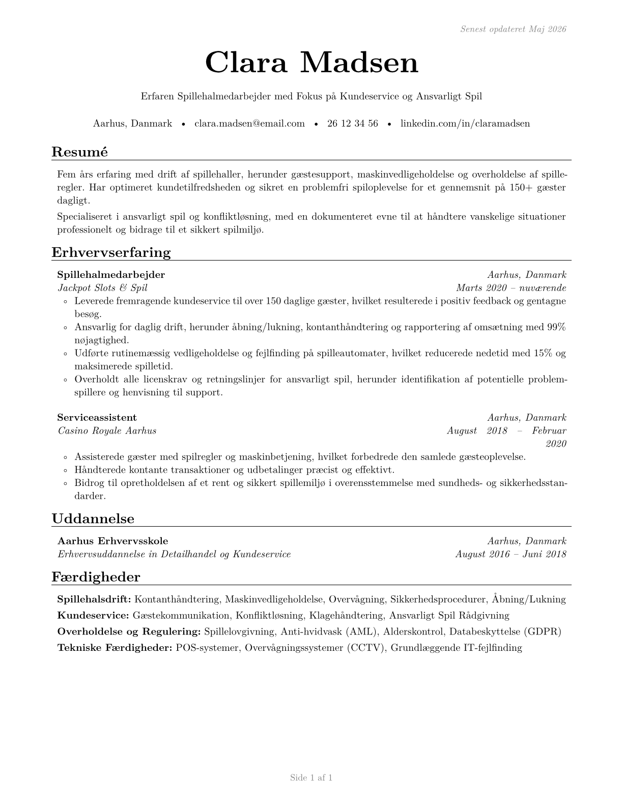 Gambling Service Workers, All Other CV in Danish — page 1