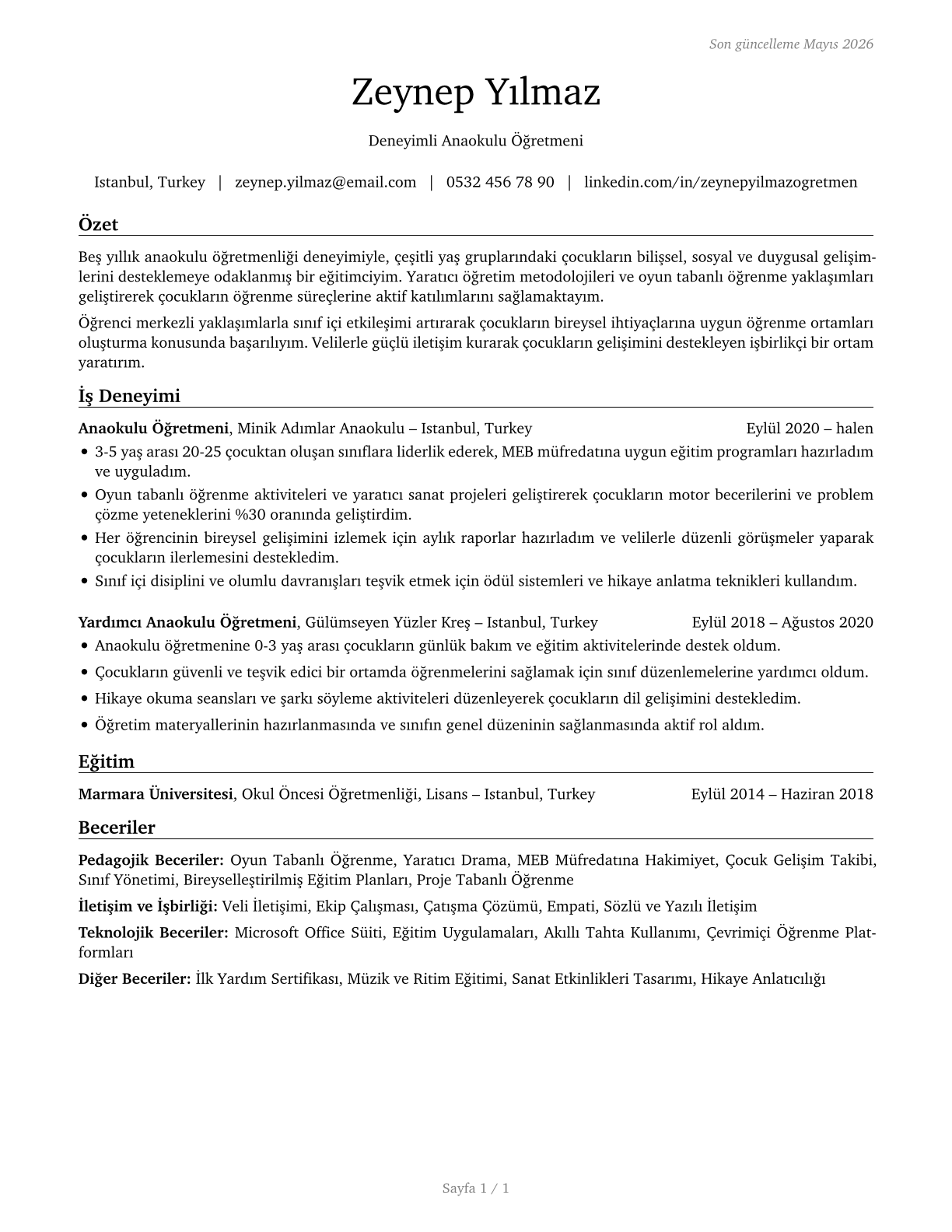 Kindergarten Teachers, Except Special Education CV in Turkish — page 1