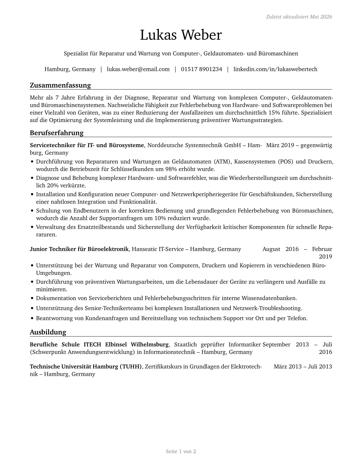 Computer, Automated Teller, and Office Machine Repairers CV in German — page 1