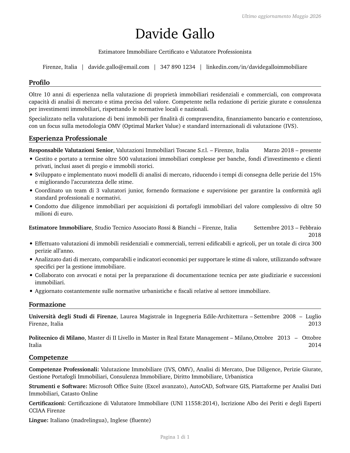 Appraisers and Assessors of Real Estate CV in Italian — page 1