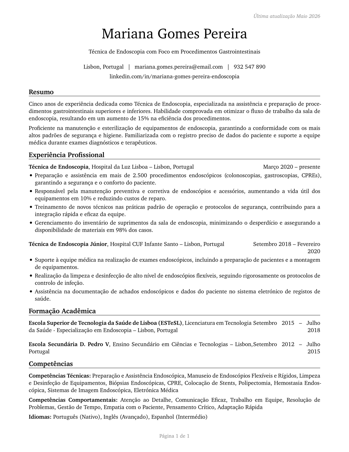 Endoscopy Technicians CV in Portuguese — page 1
