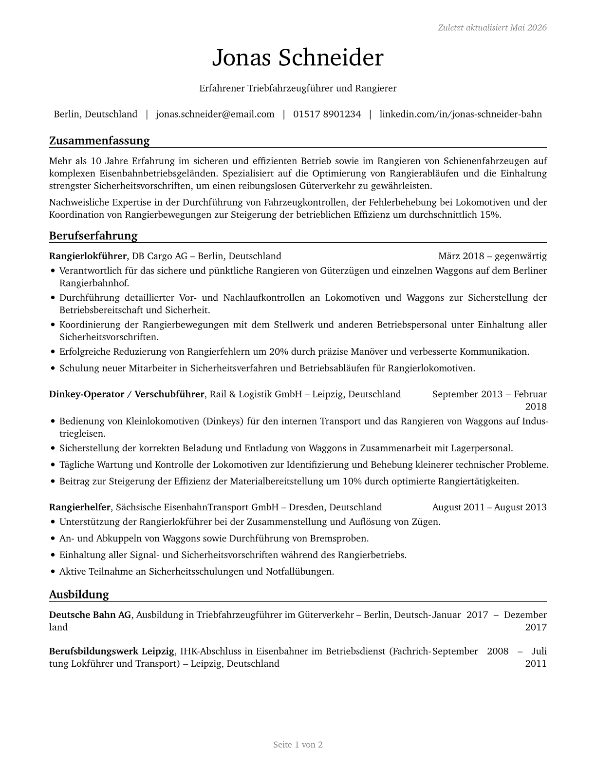 Rail Yard Engineers, Dinkey Operators, and Hostlers CV in German — page 1