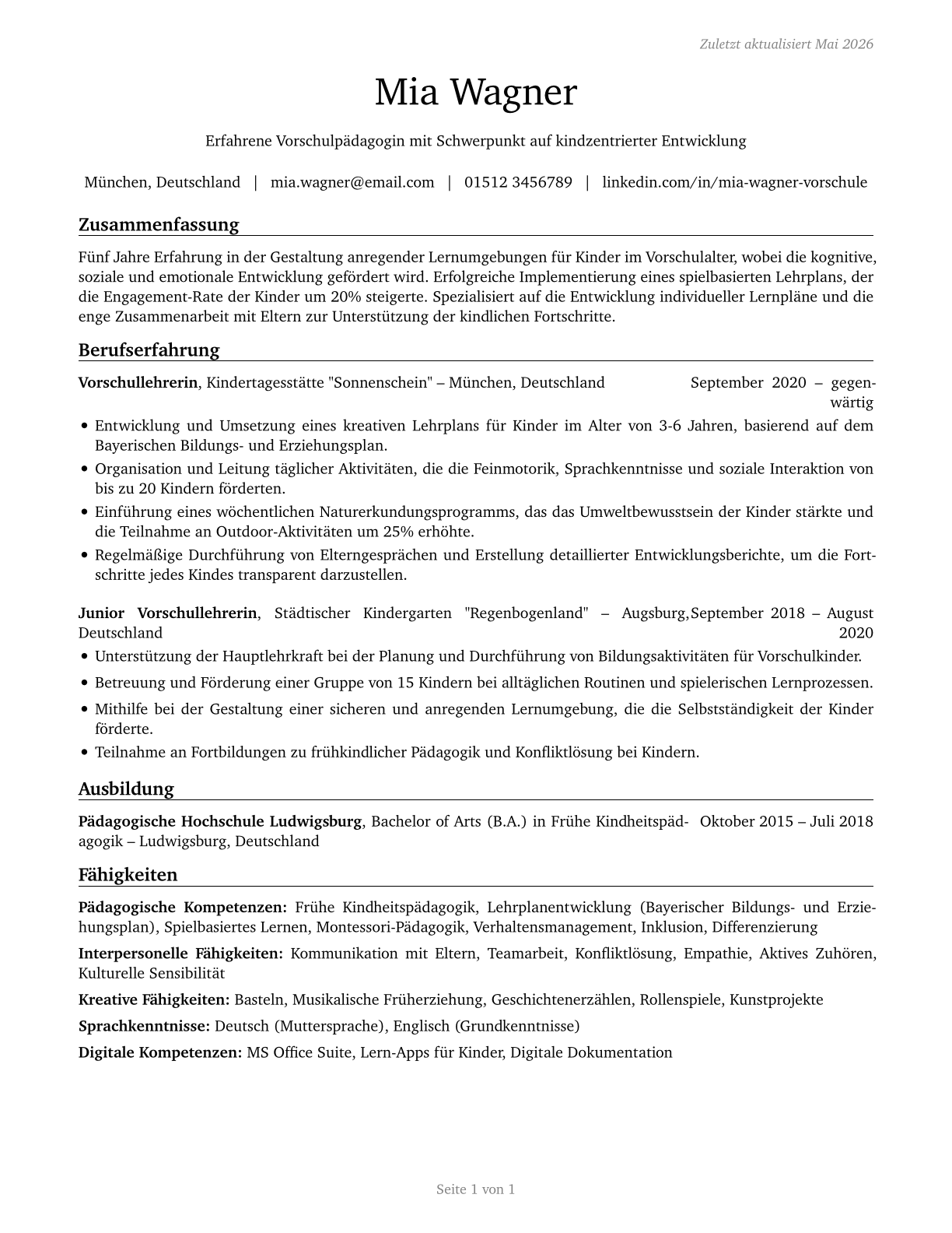Preschool Teachers, Except Special Education CV in German — page 1