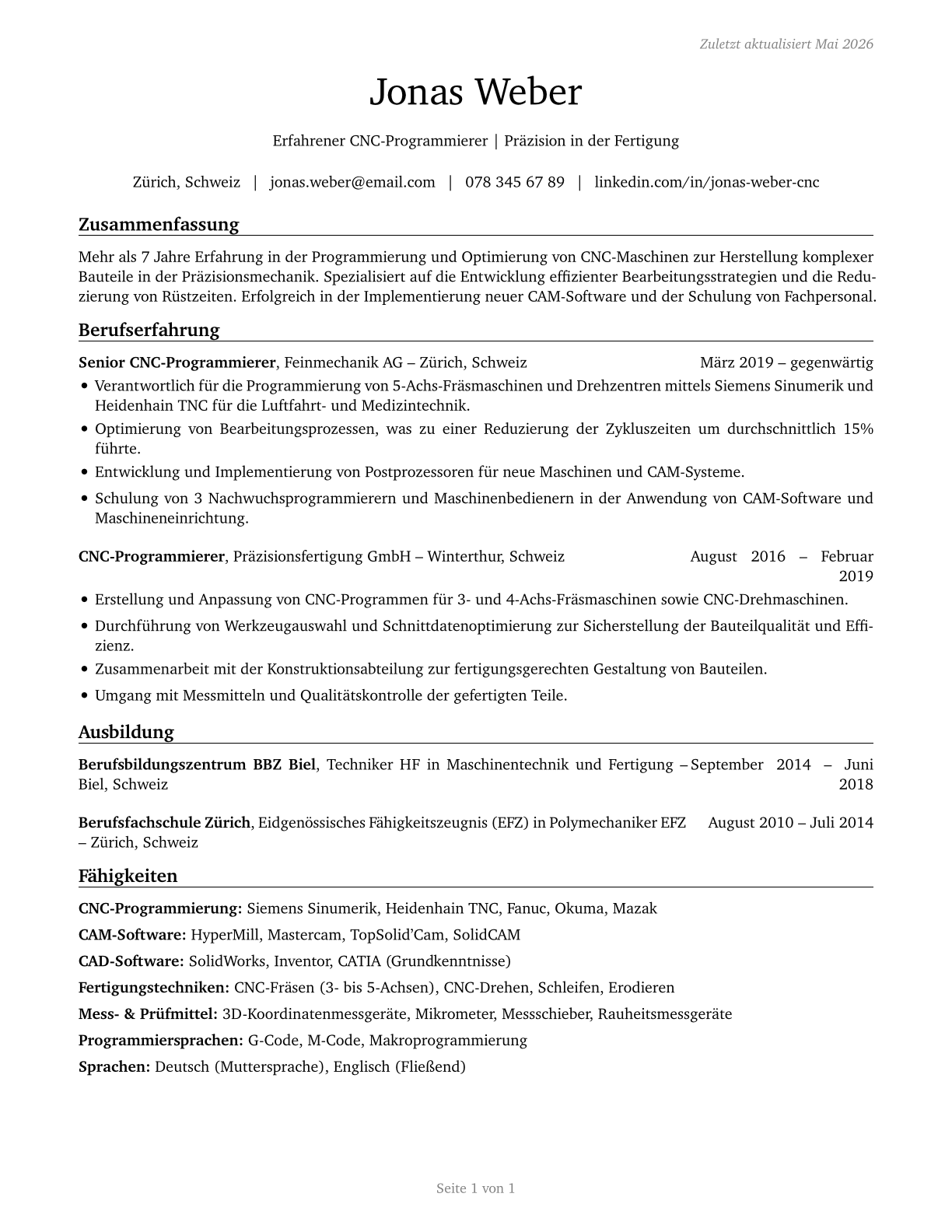 Computer Numerically Controlled Tool Programmers CV in German — page 1