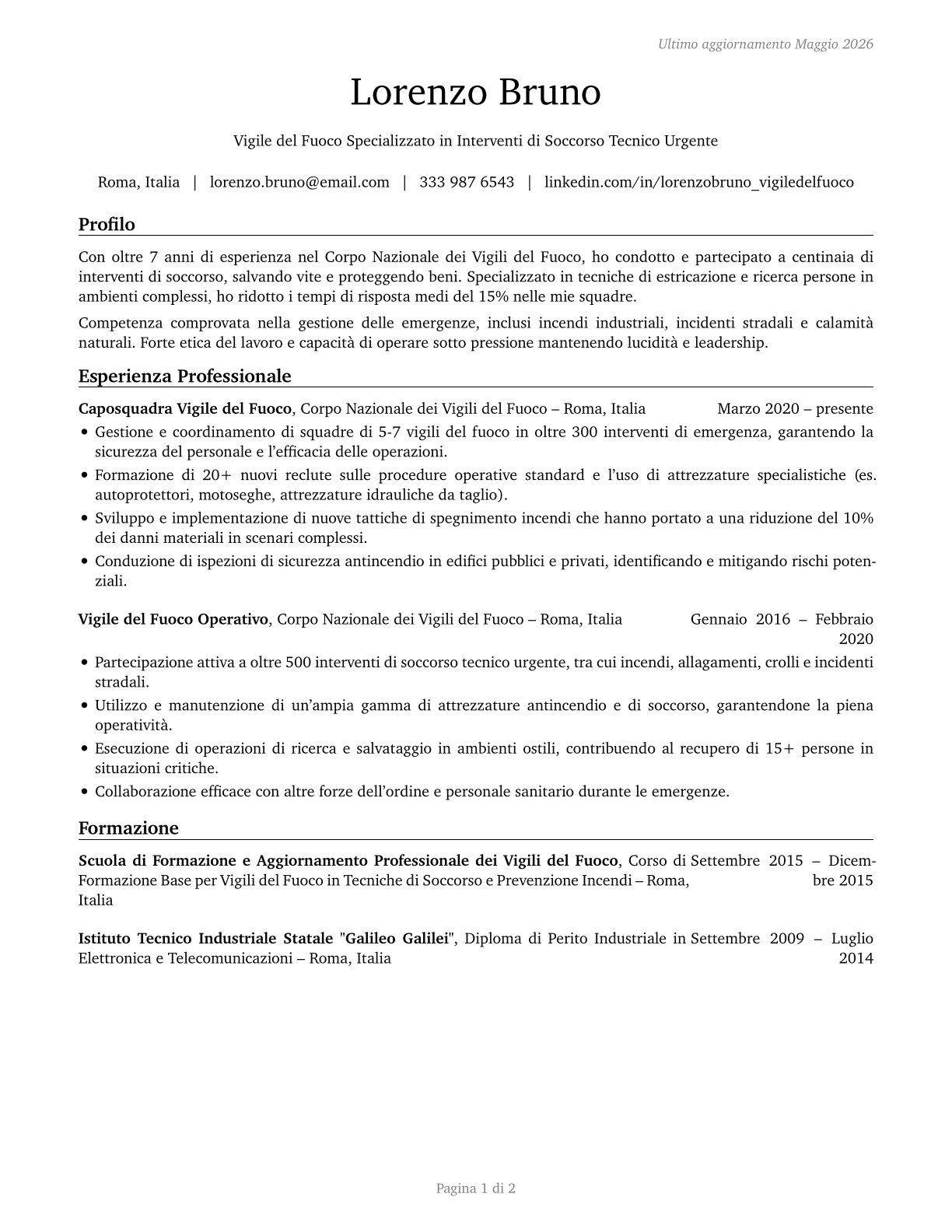 Firefighters CV in Italian — page 1