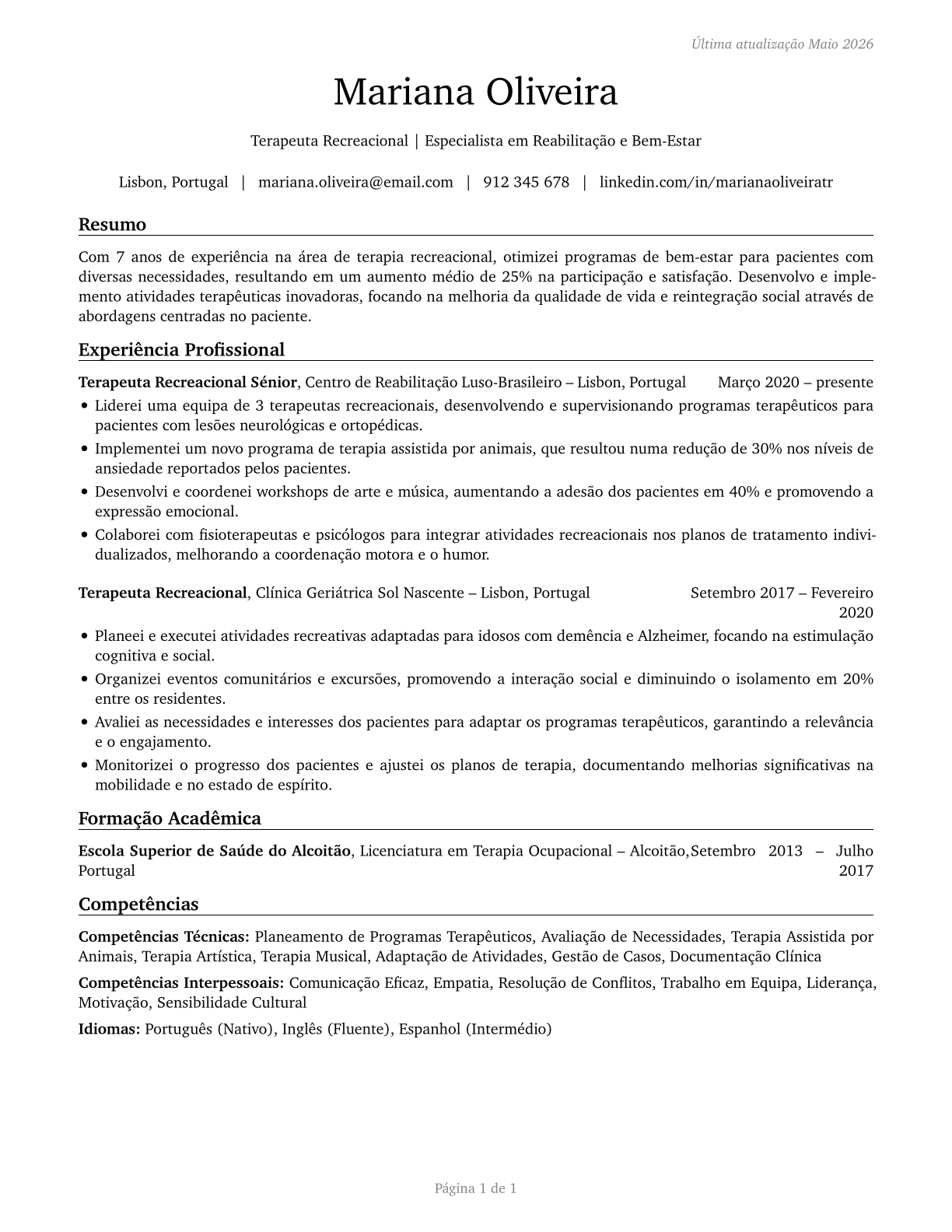 Recreational Therapists CV in Portuguese — page 1