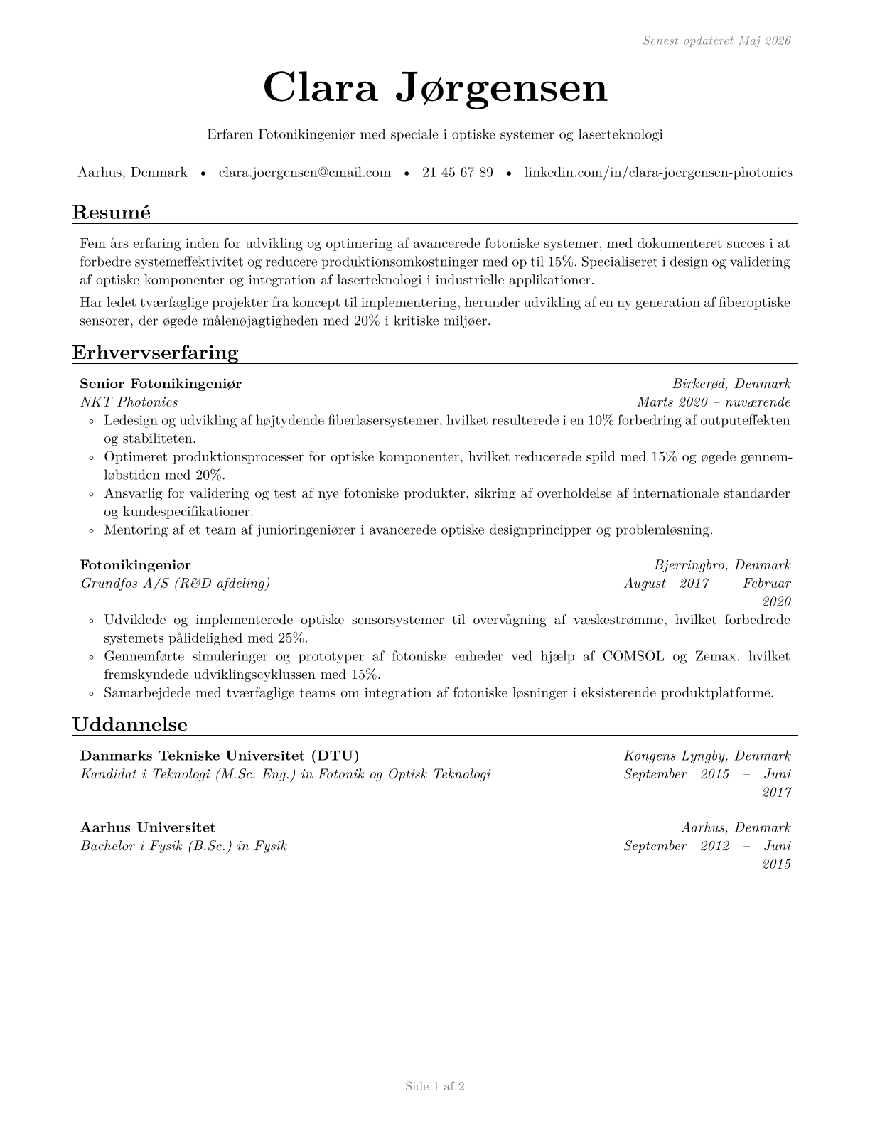 Photonics Engineers CV in Danish — page 1