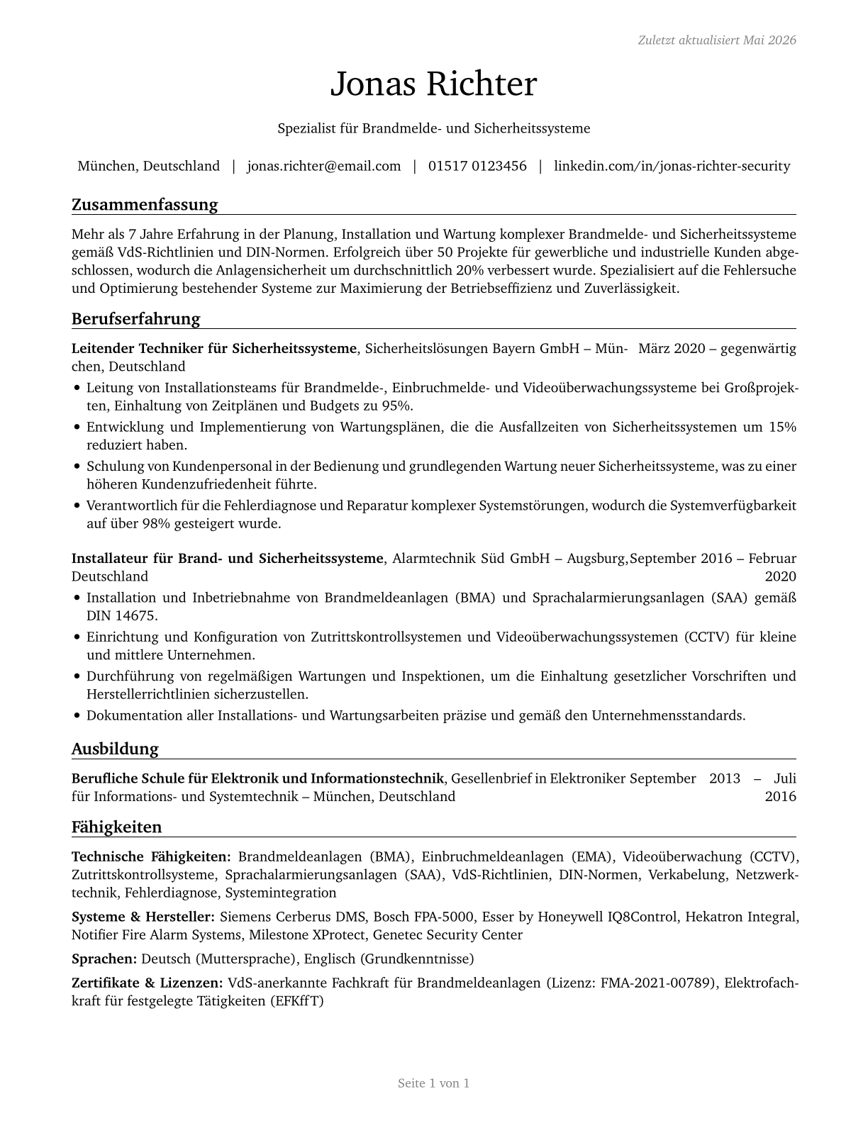 Security and Fire Alarm Systems Installers CV in German — page 1