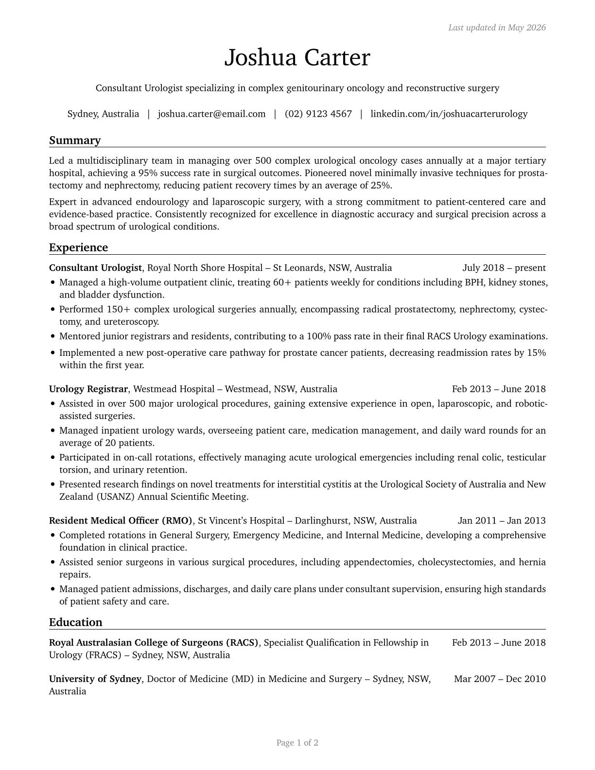 Urologists CV in English — page 1
