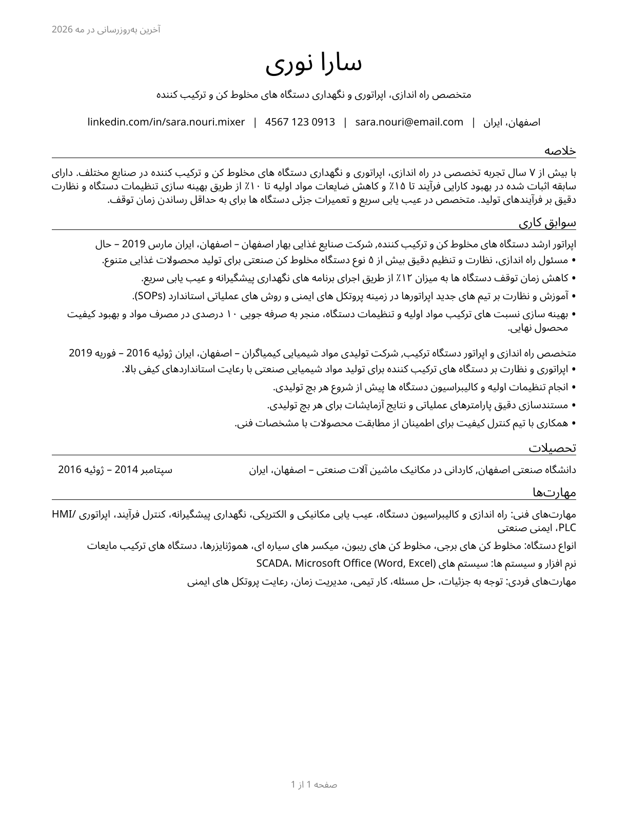 Mixing and Blending Machine Setters, Operators, and Tenders CV in Persian — page 1