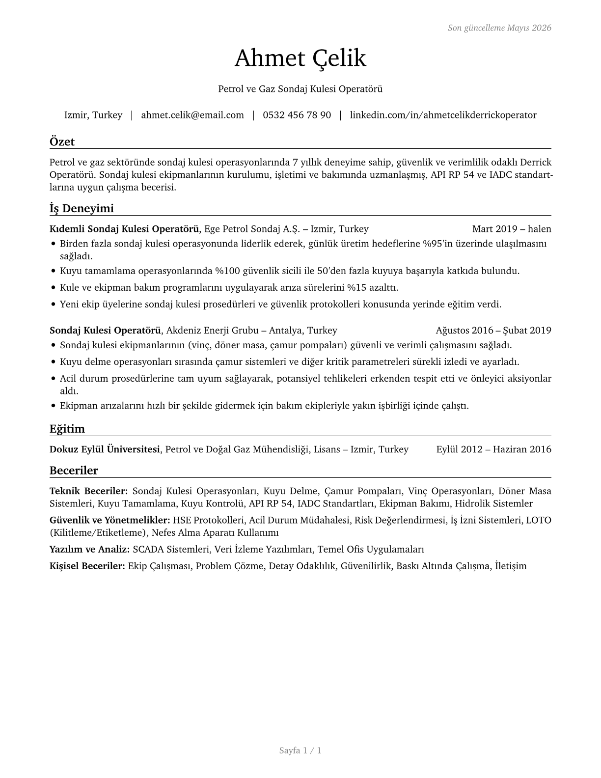 Derrick Operators, Oil and Gas CV in Turkish — page 1