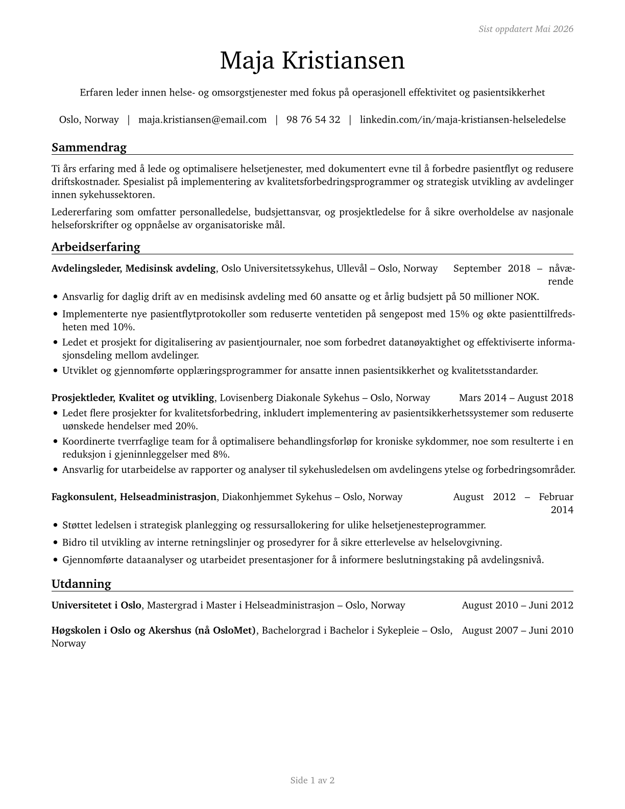 Medical and Health Services Managers CV in Norwegian_bokmal — page 1