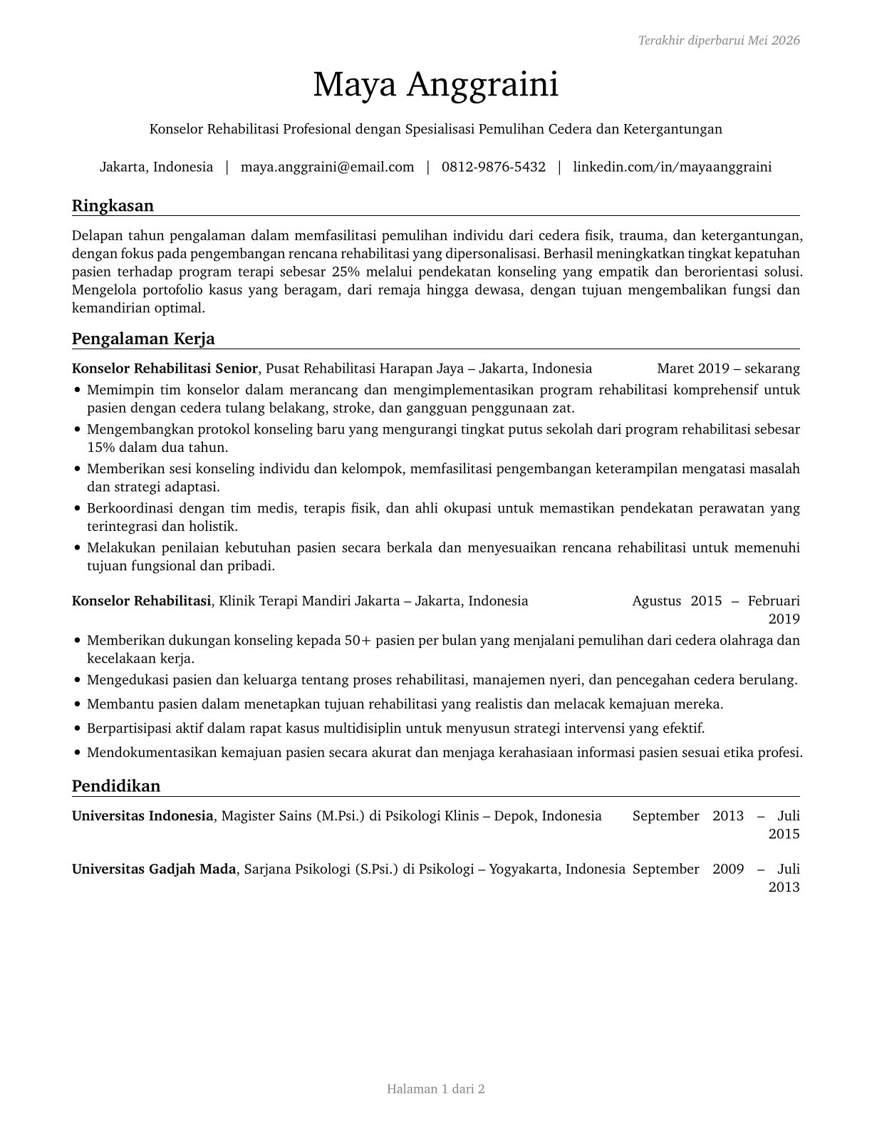 Rehabilitation Counselors CV in Indonesian — page 1