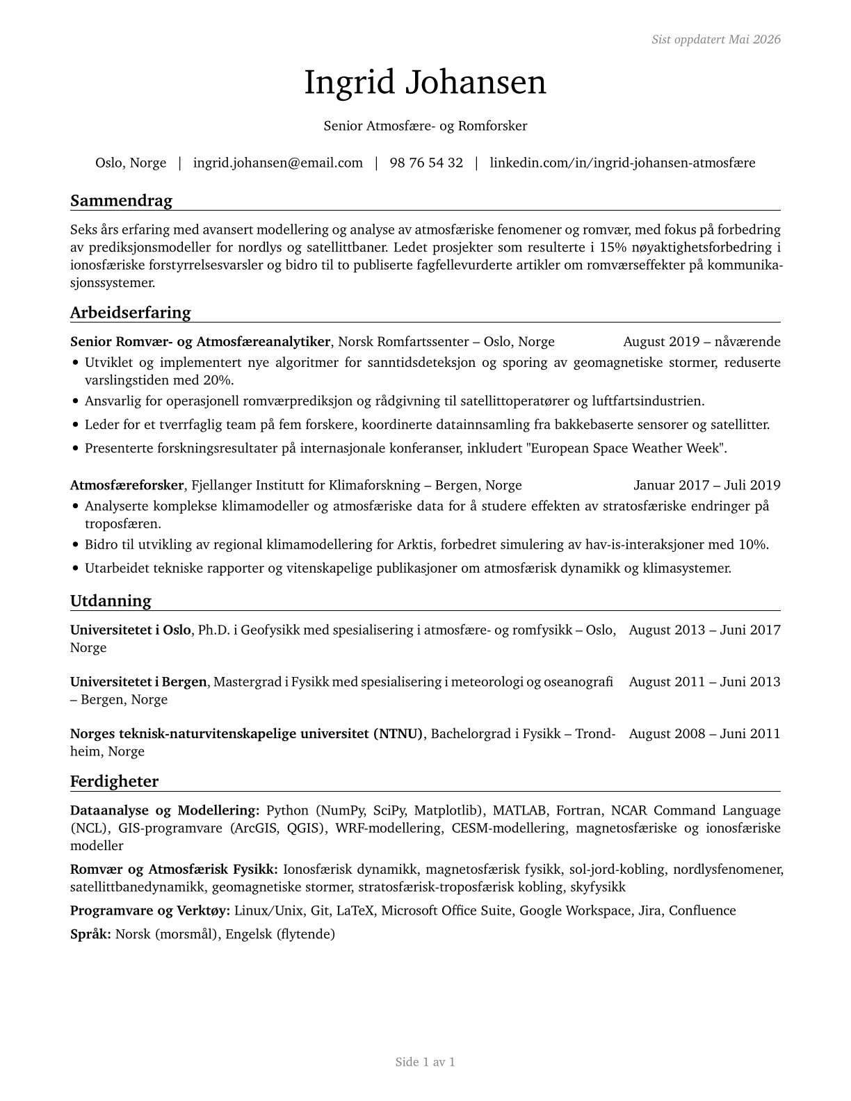 Atmospheric and Space Scientists CV in Norwegian_bokmal — page 1