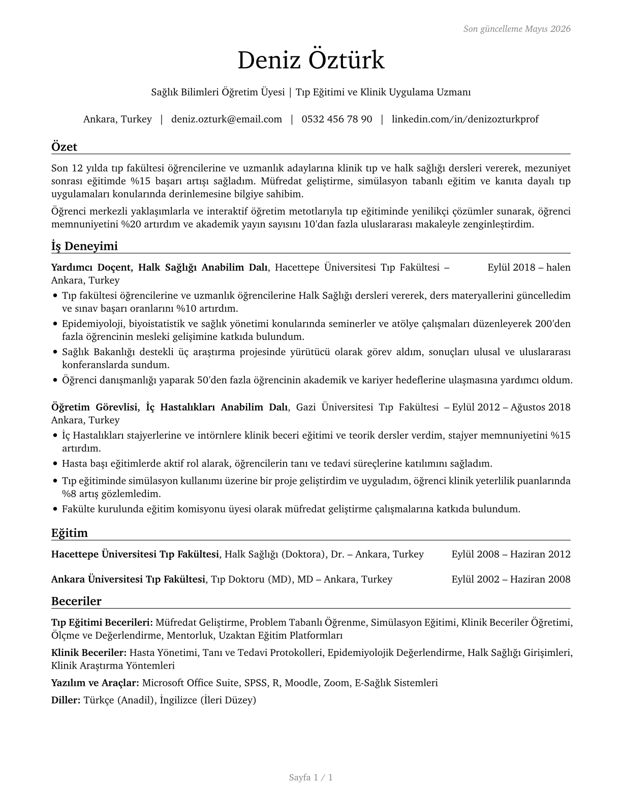 Health Specialties Teachers, Postsecondary CV in Turkish — page 1