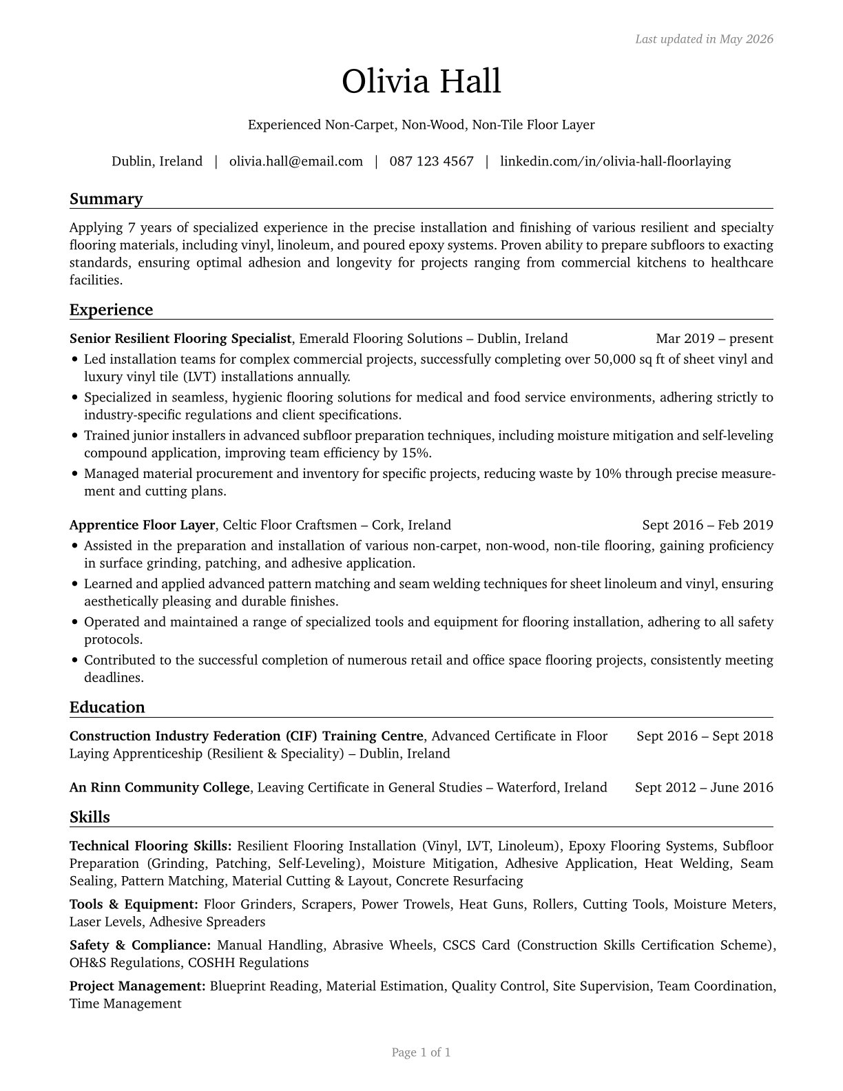 Floor Layers, Except Carpet, Wood, and Hard Tiles CV in English — page 1