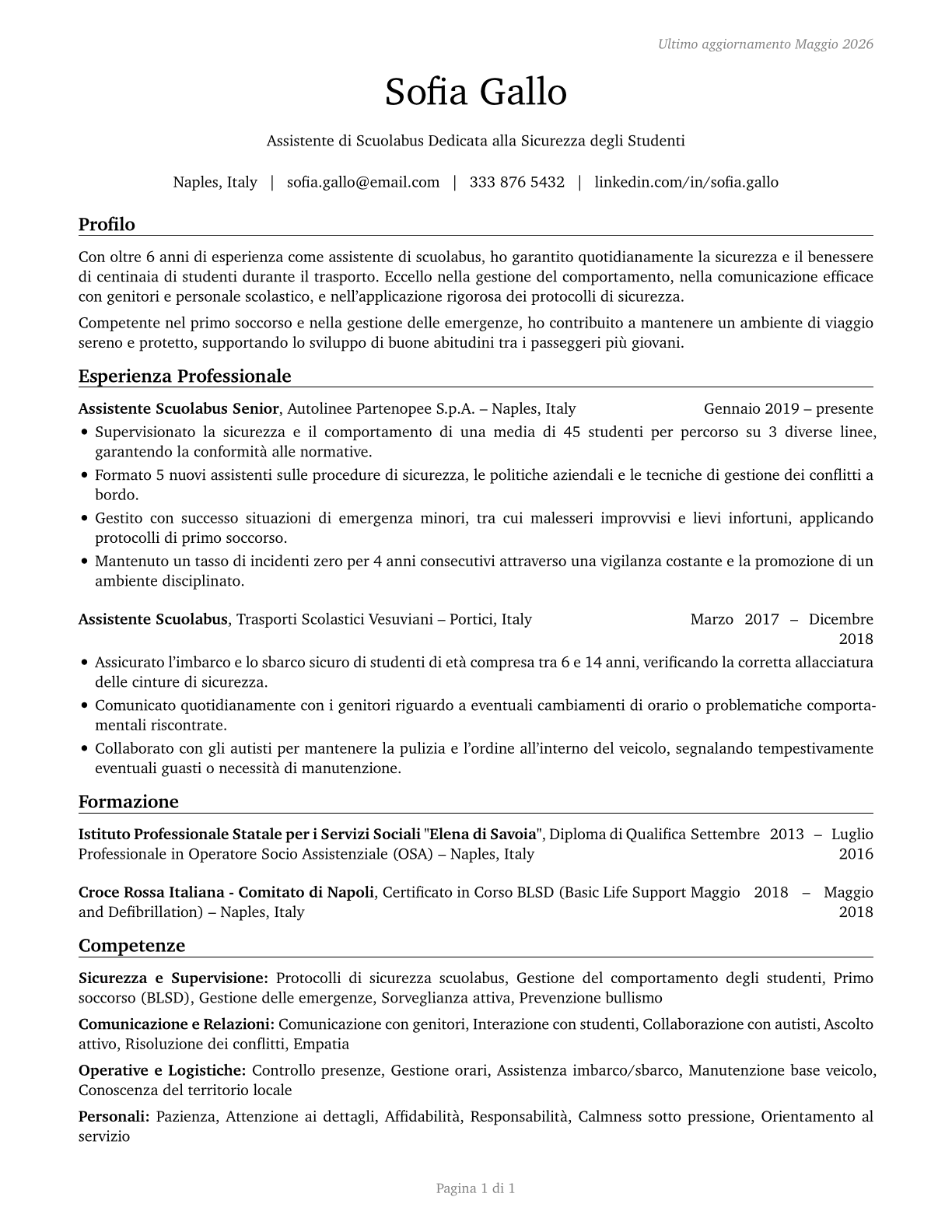 School Bus Monitors CV in Italian — page 1