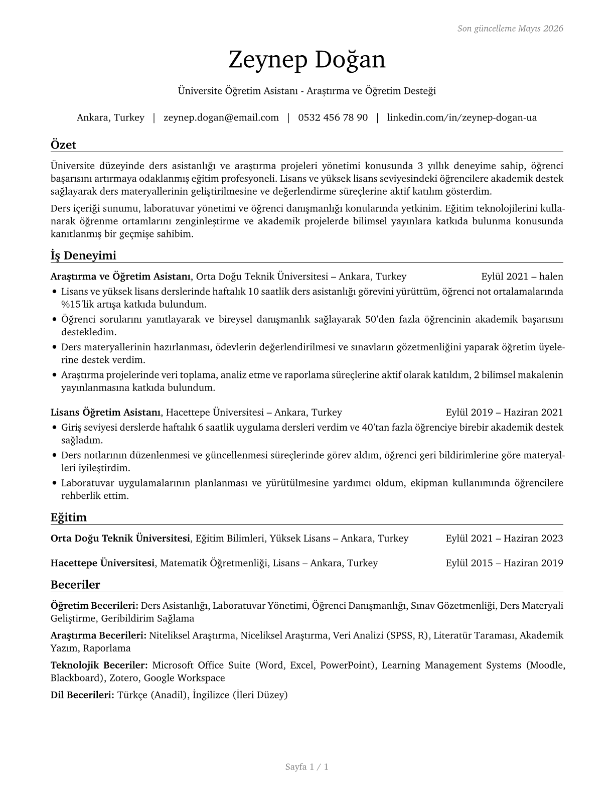 Teaching Assistants, Postsecondary CV in Turkish — page 1