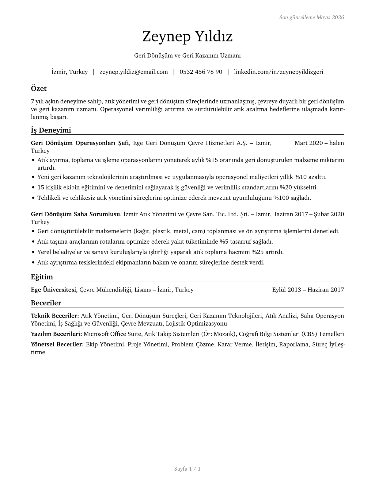 Recycling and Reclamation Workers CV in Turkish — page 1