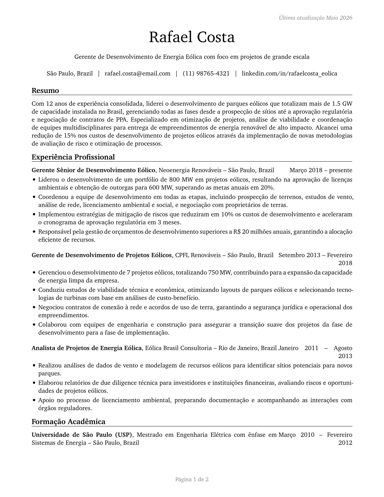Wind Energy Development Managers CV in Portuguese — page 1