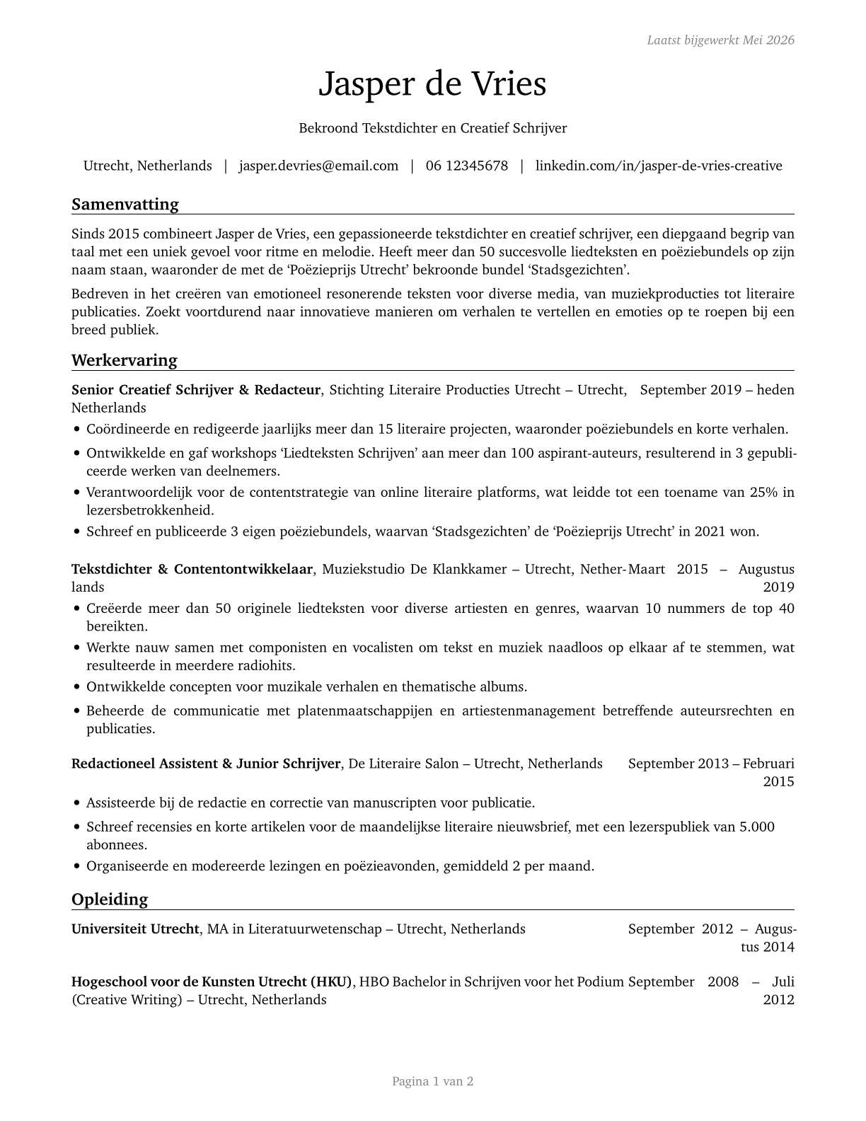 Poets, Lyricists and Creative Writers CV in Dutch — page 1