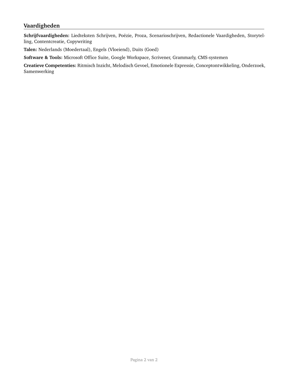 Poets, Lyricists and Creative Writers CV in Dutch — page 2