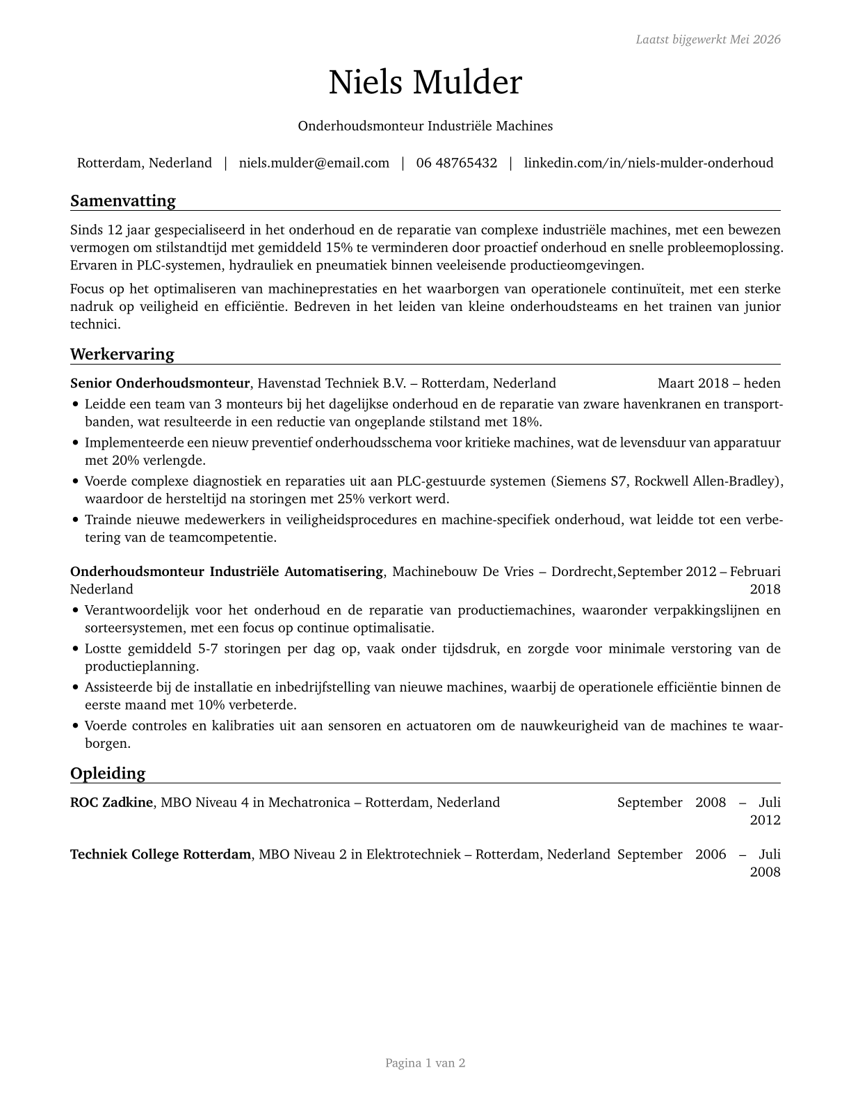 Maintenance Workers, Machinery CV in Dutch — page 1