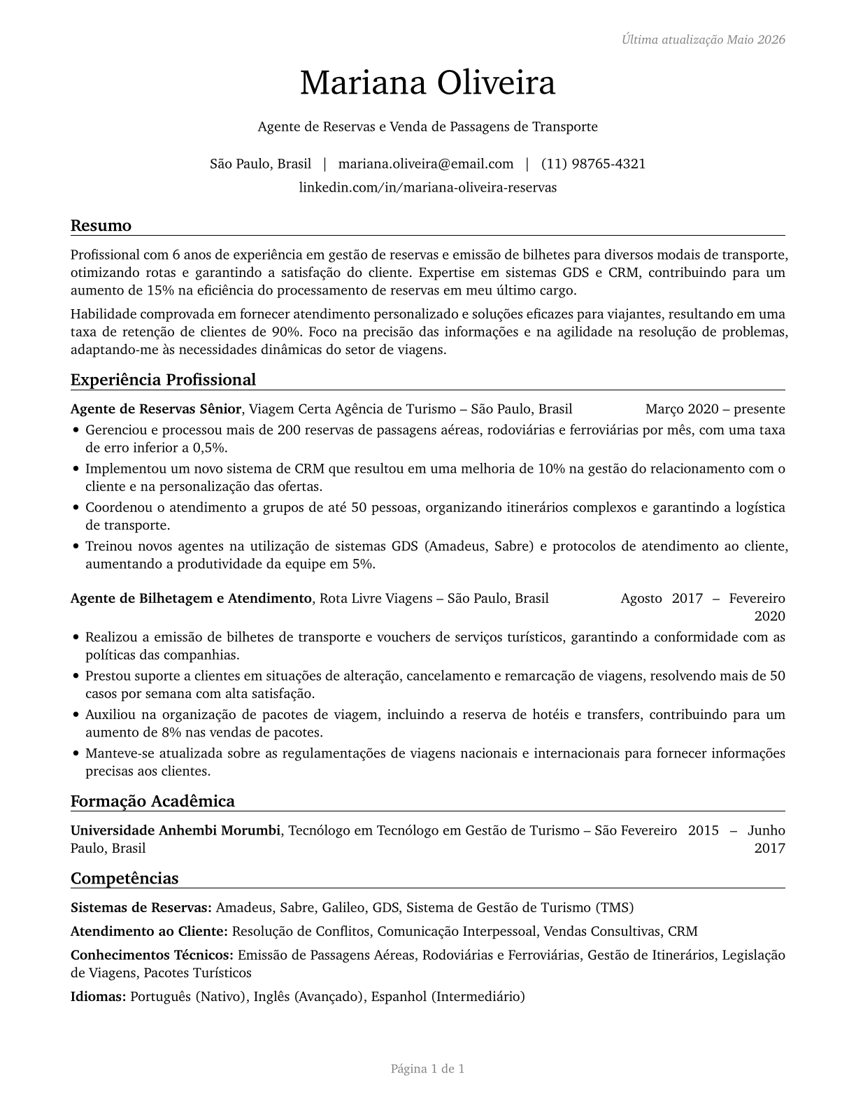 Reservation and Transportation Ticket Agents and Travel Clerks CV in Portuguese — page 1