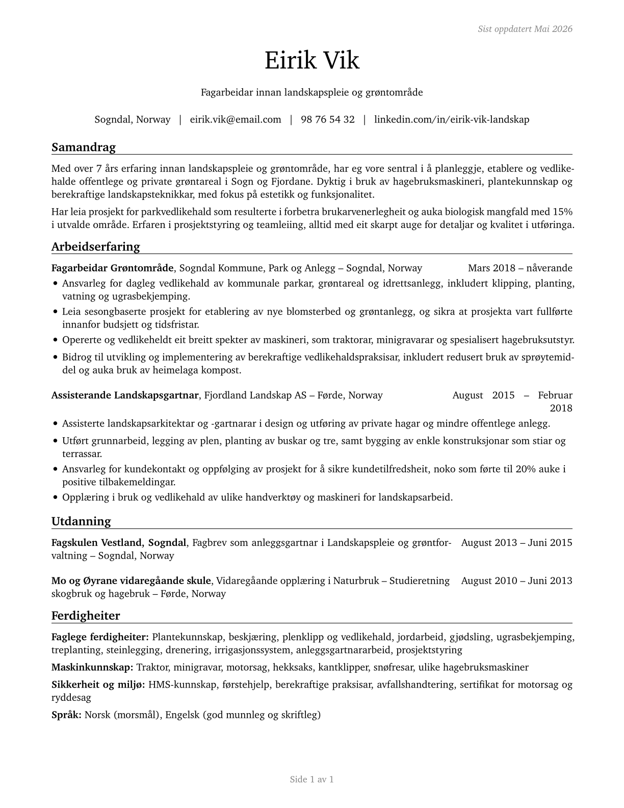 Landscaping and Groundskeeping Workers CV in Norwegian_nynorsk — page 1