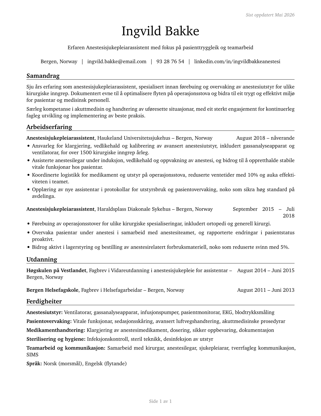 Anesthesiologist Assistants CV in Norwegian_nynorsk — page 1