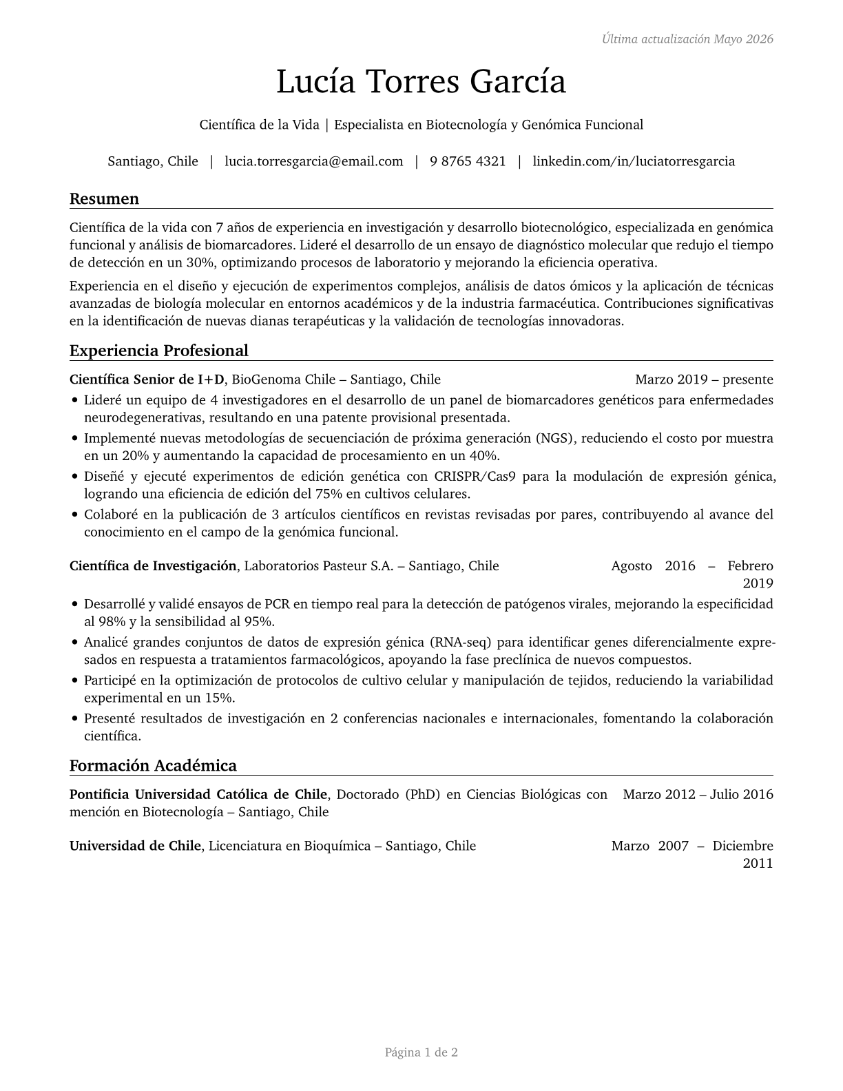 Life Scientists, All Other CV in Spanish — page 1